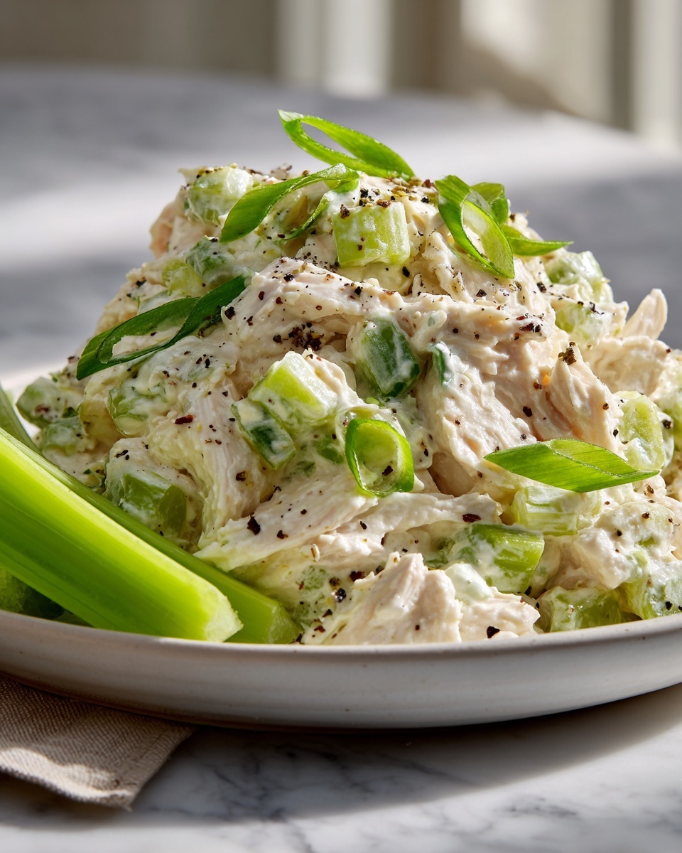 Large white ceramic bowl filled with creamy shredded chicken salad mixed with finely chopped celery and green onions, garnished with cracked black pepper, surrounded by crisp celery sticks and a neat stack of round crackers, whole dish displayed on a white marble countertop with natural soft daylight streaming in from nearby windows, styled elegantly for a gourmet food magazine hero shot, showcasing the fresh, indulgent texture and colors of the salad in a clean and luxurious setting, photographed at a 3/4 angle to capture the full volume and appeal of the dish. REALISTIC STYLE IMAGE| TAGS: High-end food photography, clean composition, dramatic lighting, luxurious, elegant, mouth-watering, indulgent, gourmet | CAMERA: Nikon Z7 | FOCAL LENGTH: 50mm | SHOT TYPE: Close-up | COMPOSITION: 3/4 angle | LIGHTING: Soft directional light | PRODUCTION: Food Stylist | TIME: Daytime I LOCATION TYPE: Kitchen near windows --stylize 150 --ar 4:5