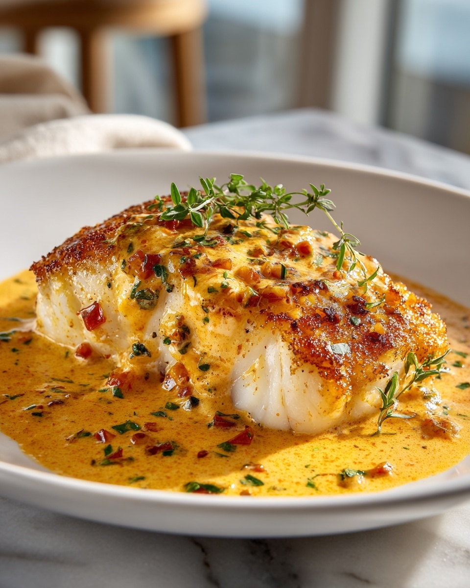 Large white ceramic serving dish filled with several whole fillets of flaky white fish bathed in a rich, creamy, orange-hued sauce flecked with fresh herbs and spices, the sauce glossy and generously coating each piece, capturing the warm inviting texture and vibrant color of a complete seafood entrée, photographed from a 3/4 angle on a white marble kitchen countertop, styled with natural soft directional lighting to emphasize the luxurious and mouth-watering appeal, professional food styling creating an indulgent gourmet presentation, daytime kitchen setting near window --stylize 150 --ar 4:5 REALISTIC STYLE IMAGE| TAGS: High-end food photography, clean composition, dramatic lighting, luxurious, elegant, mouth-watering, indulgent, gourmet | CAMERA: Nikon Z7 | FOCAL LENGTH: 50mm | SHOT TYPE: Close-up | COMPOSITION: 3/4 angle | LIGHTING: Soft directional light | PRODUCTION: Food Stylist | TIME: Daytime I LOCATION TYPE: Kitchen near windows --stylize 150 --ar 4:5