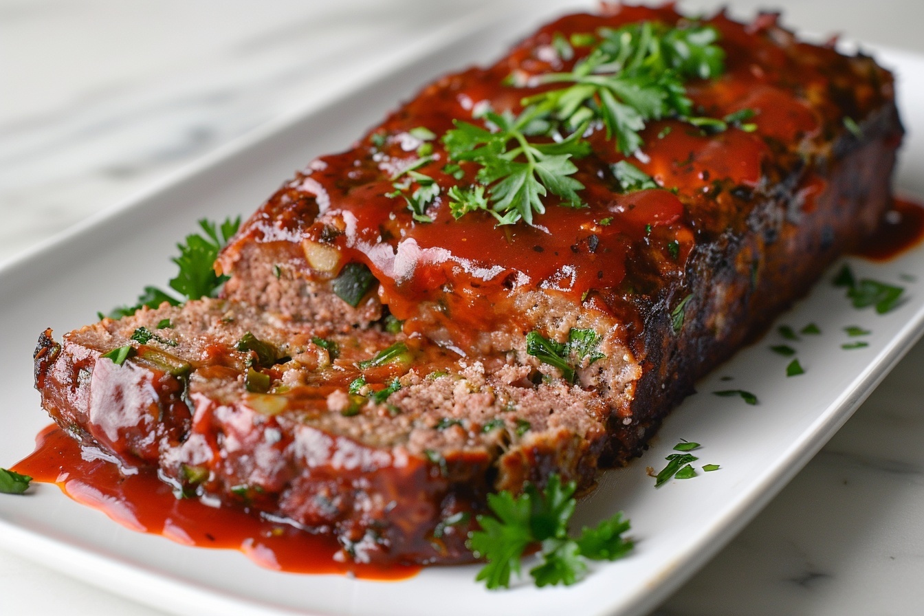 Homemade Meatloaf Recipe 6 Full rectangular baking dish filled with a whole, glossy glazed meatloaf topped evenly with a rich tomato-based sauce, the surface featuring textured, perfectly cooked ground meat with herbs and seasonings clearly visible beneath the shiny glaze, the entire dish presented in a rustic metal pan on a white marble kitchen countertop, illuminated by soft natural light from nearby windows, styled with garnishes like fresh green parsley on the side, photographed with a Nikon Z7 at 50mm in a close-up 3/4 angle shot, evoking a comforting, hearty, gourmet homemade meal. REALISTIC STYLE IMAGE| TAGS: High-end food photography, clean composition, dramatic lighting, luxurious, elegant, mouth-watering, indulgent, gourmet | CAMERA: Nikon Z7 | FOCAL LENGTH: 50mm | SHOT TYPE: Close-up | COMPOSITION: 3/4 angle | LIGHTING: Soft directional light | PRODUCTION: Food Stylist | TIME: Daytime I LOCATION TYPE: Kitchen near windows --stylize 150 --ar 4:5