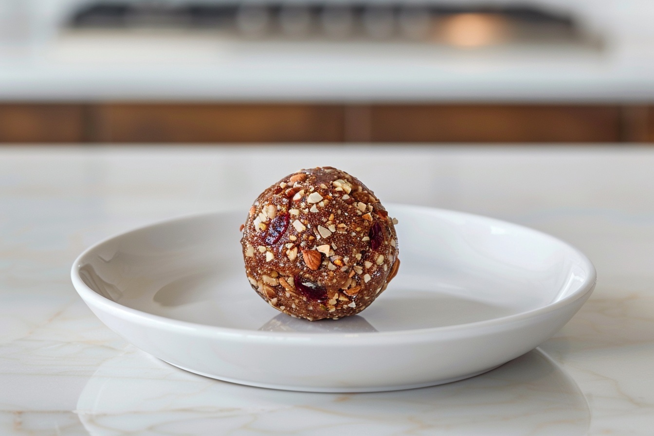 A large white oval ceramic serving tray filled with a generous dozen of round raspberry and almond energy bites, each ball textured with finely ground nuts and flecks of vibrant red raspberry pieces throughout, arranged tightly together to showcase their uniform size and rustic yet appealing surface. The tray sits on a white marble countertop, styled with natural daylight streaming softly from kitchen windows, highlighting the slight shimmer of natural oils on the bites, creating a mouth-watering, wholesome snack presentation. REALISTIC STYLE IMAGE| TAGS: High-end food photography, clean composition, dramatic lighting, luxurious, elegant, mouth-watering, indulgent, gourmet | CAMERA: Nikon Z7 | FOCAL LENGTH: 50mm | SHOT TYPE: Close-up | COMPOSITION: 3/4 angle | LIGHTING: Soft directional light | PRODUCTION: Food Stylist | TIME: Daytime I LOCATION TYPE: Kitchen near windows --stylize 150 --ar 4:5