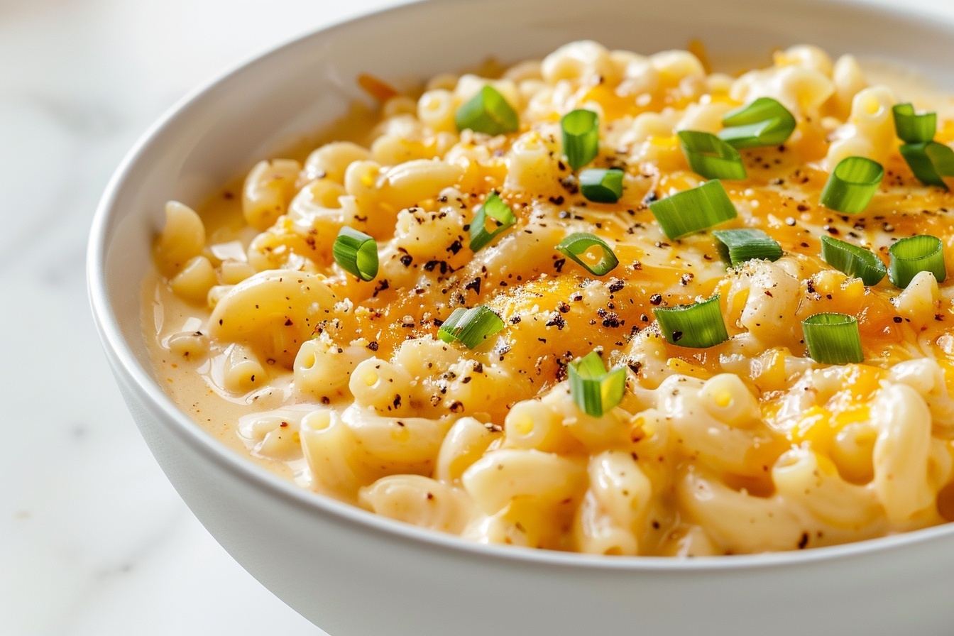 Large white ceramic bowl filled with a creamy, rich macaroni and cheese soup, showcasing tender elbow macaroni swirling in a velvety cheddar cheese broth, garnished with finely sliced green onions and freshly cracked black pepper evenly distributed on the surface. The entire bowl is presented on a white marble kitchen countertop, captured in a professional food styling shot from a 3/4 angle with soft natural light illuminating the warm, inviting textures of the dish, evoking a luxurious and indulgent gourmet experience. REALISTIC STYLE IMAGE| TAGS: High-end food photography, clean composition, dramatic lighting, luxurious, elegant, mouth-watering, indulgent, gourmet | CAMERA: Nikon Z7 | FOCAL LENGTH: 50mm | SHOT TYPE: Close-up | COMPOSITION: 3/4 angle | LIGHTING: Soft directional light | PRODUCTION: Food Stylist | TIME: Daytime I LOCATION TYPE: Kitchen near windows --stylize 150 --ar 4:5