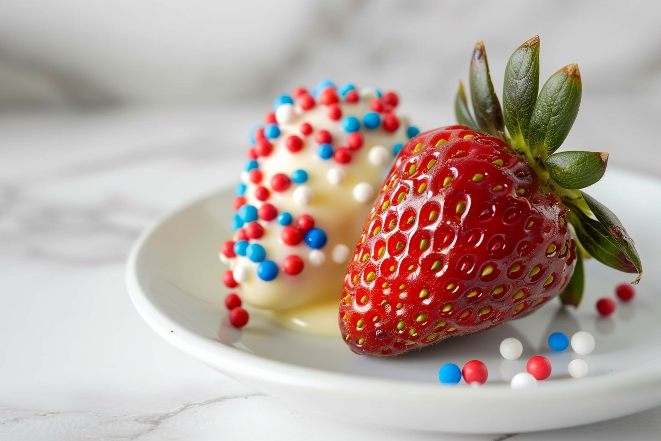 Large white ceramic serving tray filled with a full batch of fresh strawberries thoroughly dipped in white chocolate and coated with red, white, and blue sprinkles, each strawberry with vibrant green leaves intact, arranged neatly to showcase the patriotic treat in a uniform and inviting presentation, photographed at a 3/4 angle on a white marble kitchen counter with natural soft directional light, exuding a festive and gourmet appeal, styled professionally for a high-end food magazine spread. REALISTIC STYLE IMAGE| TAGS: High-end food photography, clean composition, dramatic lighting, luxurious, elegant, mouth-watering, indulgent, gourmet | CAMERA: Nikon Z7 | FOCAL LENGTH: 50mm | SHOT TYPE: Close-up | COMPOSITION: 3/4 angle | LIGHTING: Soft directional light | PRODUCTION: Food Stylist | TIME: Daytime I LOCATION TYPE: Kitchen near windows --stylize 150 --ar 4:5