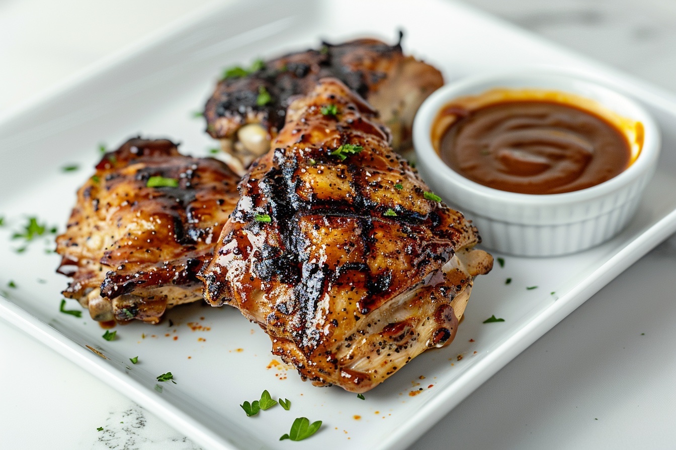 Large white oval platter filled with a generous arrangement of whole grilled chicken thighs, each piece perfectly charred with deep, rich grill marks and a glossy, smoky barbecue glaze. The dish is set on a clean white marble countertop with natural daylight streaming through nearby windows, highlighting the succulent texture and caramelized edges of the poultry. The scene embodies an inviting and indulgent BBQ feast, styled professionally with clean composition and soft directional lighting to enhance the mouth-watering appeal of the entire platter. REALISTIC STYLE IMAGE| TAGS: High-end food photography, clean composition, dramatic lighting, luxurious, elegant, mouth-watering, indulgent, gourmet | CAMERA: Nikon Z7 | FOCAL LENGTH: 50mm | SHOT TYPE: Close-up | COMPOSITION: 3/4 angle | LIGHTING: Soft directional light | PRODUCTION: Food Stylist | TIME: Daytime I LOCATION TYPE: Kitchen near windows --stylize 150 --ar 4:5