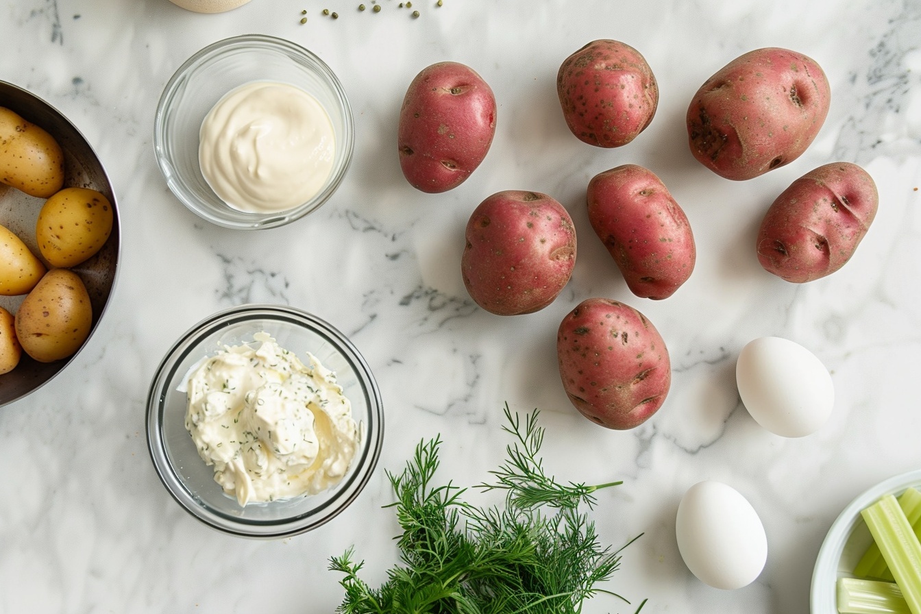 Single white plate with a close-up serving of creamy dill potato salad featuring tender baby red potatoes cut in halves showcasing the smooth, herb-speckled interior, generously coated in a light, tangy dressing mixed with finely chopped red onions and fresh dill sprigs, garnished with a small dill tuft in the center, presented on a white marble surface, styled as a fresh, inviting, plated portion ready to eat, natural daylight highlighting the textures and vibrant freshness, food blog quality photo REALISTIC STYLE IMAGE| TAGS: High-end food photography, clean composition, dramatic lighting, luxurious, elegant, mouth-watering, indulgent, gourmet | CAMERA: Nikon Z7 | FOCAL LENGTH: 50mm | SHOT TYPE: Close-up | COMPOSITION: 3/4 angle | LIGHTING: Soft directional light | PRODUCTION: Food Stylist | TIME: Daytime I LOCATION TYPE: Kitchen near windows --stylize 150  --ar 4:5
