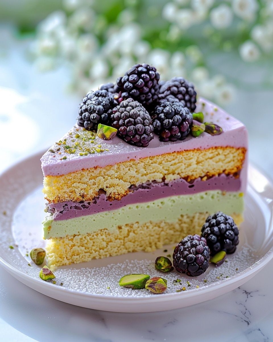 Pistachio and Blackberry Olive Oil Cake Recipe 6 A whole, uncut layered cake presented on a large white ceramic plate, featuring a bottom and middle layer of moist golden sponge cake, sandwiched with a thick layer of rich pink berry mousse, topped with a smooth pale green pistachio cream, and lavishly decorated with whole plump blackberries and scattered shelled pistachios dusted lightly with powdered sugar. The entire cake is showcased at a 3/4 angle on a white marble kitchen countertop with natural soft directional daylight streaming from nearby windows, styled for an elegant and indulgent food magazine hero shot. REALISTIC STYLE IMAGE| TAGS: High-end food photography, clean composition, dramatic lighting, luxurious, elegant, mouth-watering, indulgent, gourmet | CAMERA: Nikon Z7 | FOCAL LENGTH: 50mm | SHOT TYPE: Close-up | COMPOSITION: 3/4 angle | LIGHTING: Soft directional light | PRODUCTION: Food Stylist | TIME: Daytime I LOCATION TYPE: Kitchen near windows --stylize 150 --ar 4:5