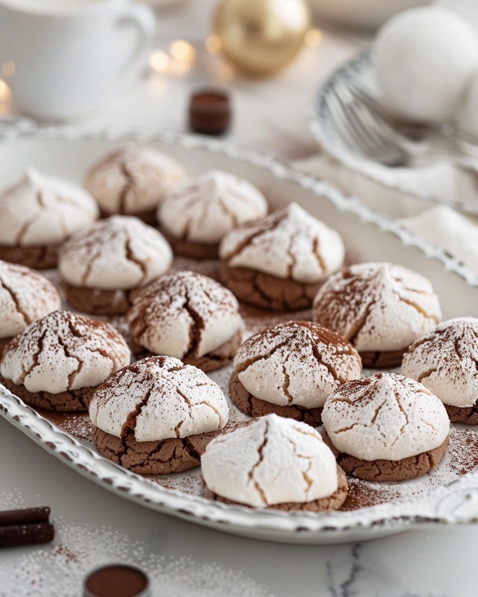 A large white oval ceramic serving tray showcasing a generous batch of soft, round cappuccino cookies with a delicate cracked surface, each filled with creamy white frosting in the center, dusted uniformly with powdered sugar and cocoa powder for a sophisticated finish. The entire arrangement is illuminated by natural soft directional daylight highlighting the rich textures and inviting golden-brown hues of the cookies against a pristine white marble kitchen countertop, styled elegantly for a high-end food magazine shot. REALISTIC STYLE IMAGE| TAGS: High-end food photography, clean composition, dramatic lighting, luxurious, elegant, mouth-watering, indulgent, gourmet | CAMERA: Nikon Z7 | FOCAL LENGTH: 50mm | SHOT TYPE: Close-up | COMPOSITION: 3/4 angle | LIGHTING: Soft directional light | PRODUCTION: Food Stylist | TIME: Daytime I LOCATION TYPE: Kitchen near windows --stylize 150 --ar 4:5