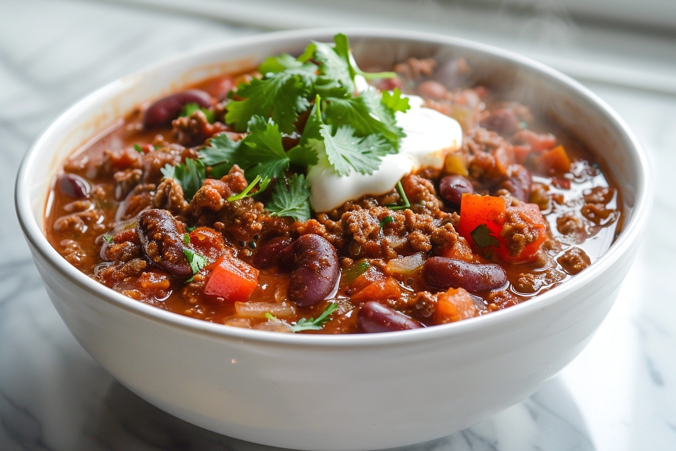 A large, white ceramic serving bowl filled to the brim with rich, hearty chili featuring a generous mix of seasoned ground meat and whole kidney beans in a thick, aromatic tomato-based sauce studded with finely diced onions and bell peppers, garnished with fresh herbs scattered on top. The entire bowl is presented on a pristine white marble kitchen counter, captured in a professional 3/4 angle shot that highlights the texture and depth of the chili under soft, natural daylight filtering through nearby windows, styled elegantly to evoke warmth and comfort. REALISTIC STYLE IMAGE| TAGS: High-end food photography, clean composition, dramatic lighting, luxurious, elegant, mouth-watering, indulgent, gourmet | CAMERA: Nikon Z7 | FOCAL LENGTH: 50mm | SHOT TYPE: Close-up | COMPOSITION: 3/4 angle | LIGHTING: Soft directional light | PRODUCTION: Food Stylist | TIME: Daytime I LOCATION TYPE: Kitchen near windows --stylize 150 --ar 4:5