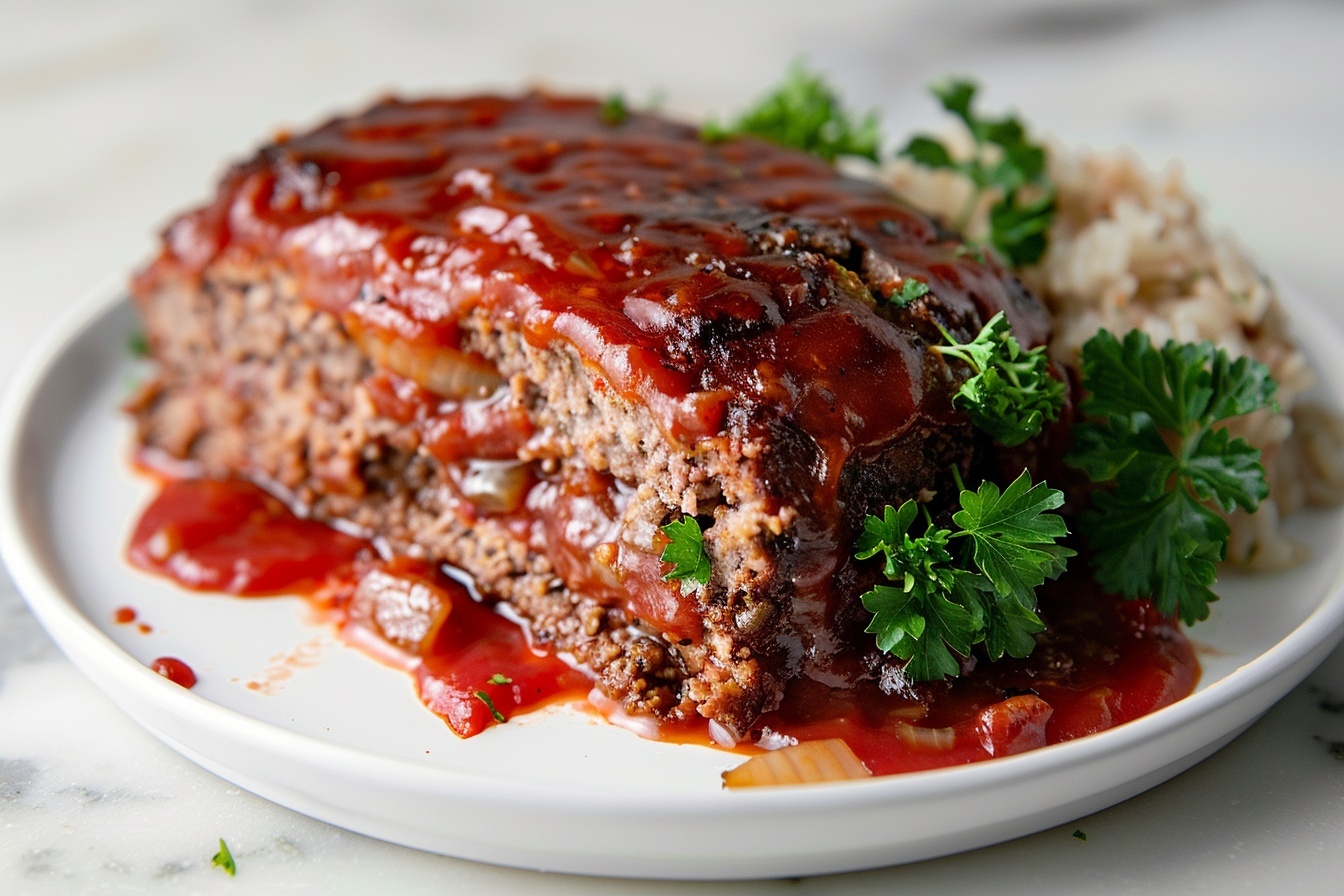 Large white rectangular baking pan filled with a whole, uncut classic meatloaf covered in a shiny, rich tomato glaze, snapping all savory textures and herbs in the crust. The entire loaf is presented on a pristine white marble countertop with fresh parsley and carrots artfully placed beside it. The inviting dish is captured in a close-up 3/4 angle shot with natural soft directional daylight illuminating every detail, styled to highlight the moistness and hearty appeal of the meatloaf, creating a gourmet and indulgent centerpiece perfect for a feast. REALISTIC STYLE IMAGE| TAGS: High-end food photography, clean composition, dramatic lighting, luxurious, elegant, mouth-watering, indulgent, gourmet | CAMERA: Nikon Z7 | FOCAL LENGTH: 50mm | SHOT TYPE: Close-up | COMPOSITION: 3/4 angle | LIGHTING: Soft directional light | PRODUCTION: Food Stylist | TIME: Daytime I LOCATION TYPE: Kitchen near windows --stylize 150 --ar 4:5