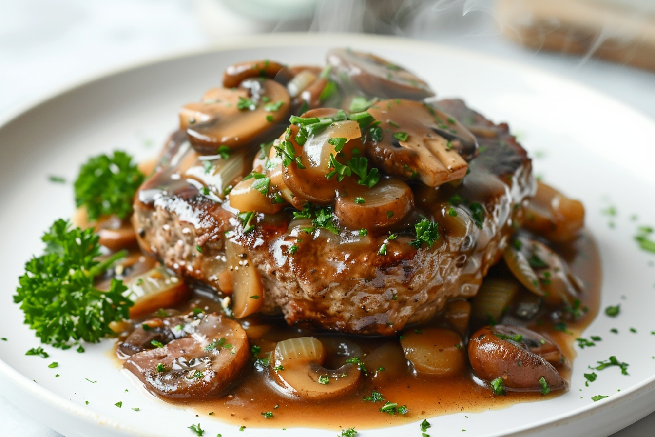 Large black slow cooker filled with a rich and creamy whole beef Salisbury steak and mushroom gravy, showcasing multiple perfectly formed patties nestled in thick brown sauce with whole pearl onions and generous slices of tender mushrooms glistening in the sauce, whole dish captured in a 3/4 angle shot on a white marble countertop with soft natural window light highlighting its glossy texture, styled by a professional food stylist for an indulgent and gourmet presentation REALISTIC STYLE IMAGE| TAGS: High-end food photography, clean composition, dramatic lighting, luxurious, elegant, mouth-watering, indulgent, gourmet | CAMERA: Nikon Z7 | FOCAL LENGTH: 50mm | SHOT TYPE: Close-up | COMPOSITION: 3/4 angle | LIGHTING: Soft directional light | PRODUCTION: Food Stylist | TIME: Daytime I LOCATION TYPE: Kitchen near windows --stylize 150 --ar 4:5