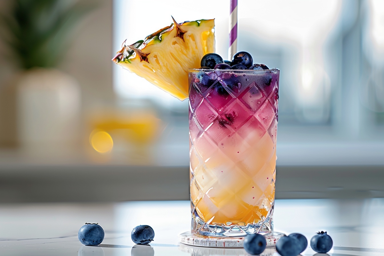 A modern clear glass pitcher filled with a refreshing blueberry pineapple drink, showcasing a vibrant purple gradient from muddled blueberries at the base blending into creamy milk or coconut milk above, garnished with fresh whole blueberries floating on top and adorned with bright pineapple wedges on the rim, all set on a white marble kitchen countertop with natural daylight streaming in from nearby windows, styled with a few scattered blueberries around the pitcher for a fresh and inviting presentation. REALISTIC STYLE IMAGE| TAGS: High-end food photography, clean composition, dramatic lighting, luxurious, elegant, mouth-watering, indulgent, gourmet | CAMERA: Nikon Z7 | FOCAL LENGTH: 50mm | SHOT TYPE: Close-up | COMPOSITION: 3/4 angle | LIGHTING: Soft directional light | PRODUCTION: Food Stylist | TIME: Daytime I LOCATION TYPE: Kitchen near windows --stylize 150 --ar 4:5