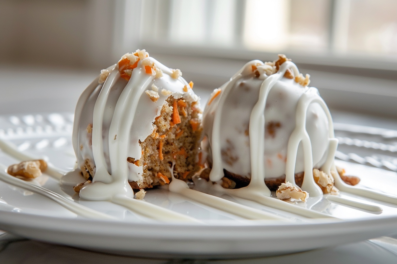 Delicious Carrot Cake Protein Balls for Guilt-Free Snacking Recipe 6 Large white oval ceramic serving tray filled with a generous bunch of whole carrot cake energy balls, each studded with visible bits of grated carrot, nuts, and raisins, generously drizzled with creamy white icing, arranged elegantly to showcase their texture and color variety, photographed with a professional food styling setup on a white marble kitchen countertop in natural daylight, capturing a luxurious and indulgent gourmet snack experience, the entire collection in frame at a 3/4 angle for a mouth-watering presentation. REALISTIC STYLE IMAGE| TAGS: High-end food photography, clean composition, dramatic lighting, luxurious, elegant, mouth-watering, indulgent, gourmet | CAMERA: Nikon Z7 | FOCAL LENGTH: 50mm | SHOT TYPE: Close-up | COMPOSITION: 3/4 angle | LIGHTING: Soft directional light | PRODUCTION: Food Stylist | TIME: Daytime I LOCATION TYPE: Kitchen near windows --stylize 150 --ar 4:5