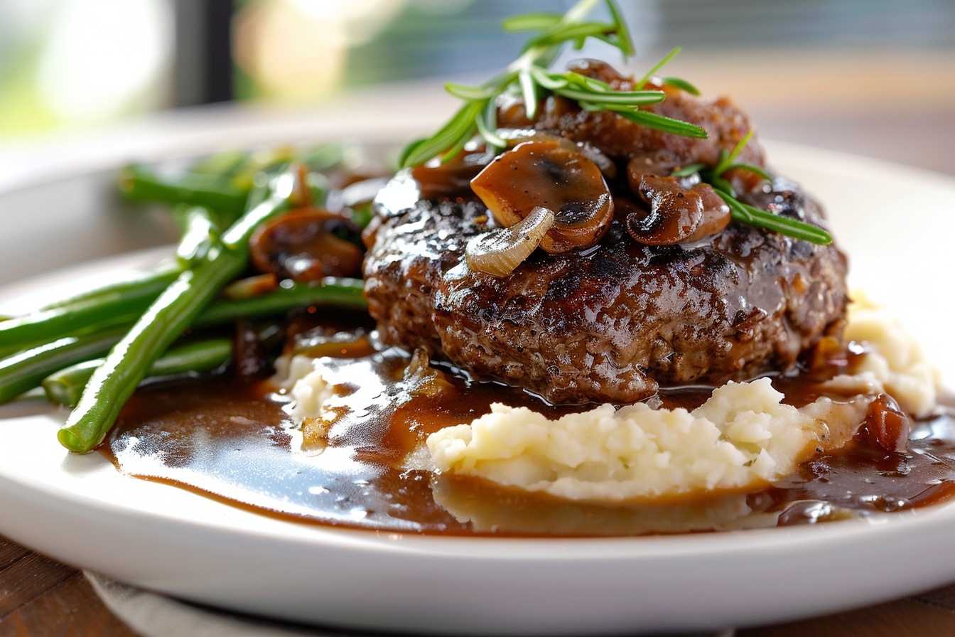 Large white ceramic baking dish filled with a generous, whole Salisbury steak casserole, featuring perfectly formed oval-shaped ground beef patties smothered in rich, glossy mushroom and onion gravy, with tender sautéed mushrooms and caramelized onions visibly mixed throughout the sauce, the entire dish presented intact with no portions removed, photographed from a 3/4 angle on a white marble kitchen countertop, natural soft directional light highlighting the glossy texture of the gravy and the juiciness of the patties, styled with fresh parsley sprinkled on top for a vibrant pop of color, evoking a hearty, comforting gourmet meal. REALISTIC STYLE IMAGE| TAGS: High-end food photography, clean composition, dramatic lighting, luxurious, elegant, mouth-watering, indulgent, gourmet | CAMERA: Nikon Z7 | FOCAL LENGTH: 50mm | SHOT TYPE: Close-up | COMPOSITION: 3/4 angle | LIGHTING: Soft directional light | PRODUCTION: Food Stylist | TIME: Daytime I LOCATION TYPE: Kitchen near windows --stylize 150 --ar 4:5