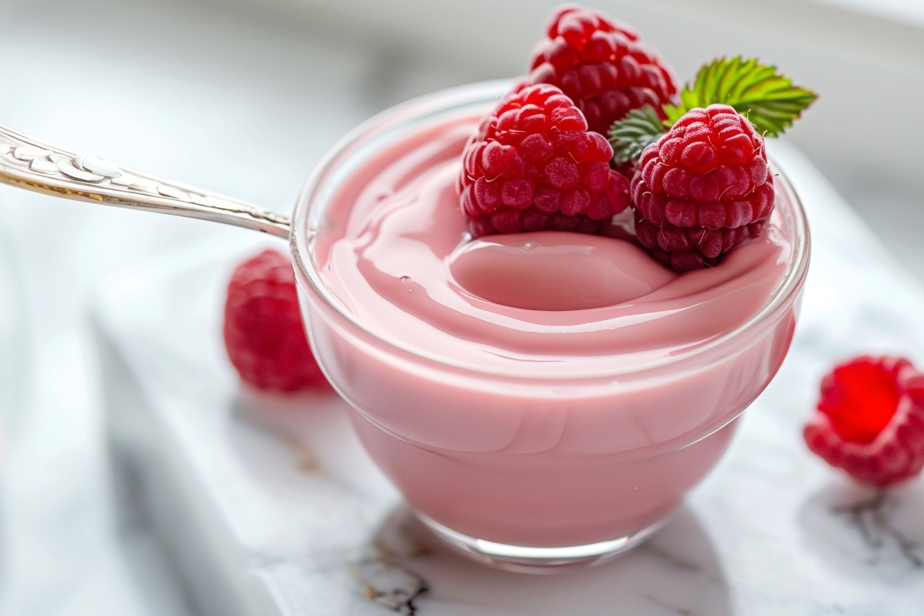 Fluffy Greek Yogurt Raspberry Jello Recipe 6 A large white serving tray filled with multiple elegant glass ramekins of smooth, vibrant pink raspberry panna cotta, each topped with two fresh, plump raspberries, arranged neatly in uniform rows. The creamy panna cotta gleams softly under natural daylight, highlighting the silky texture and rich color contrast between the dessert and the glossy bright berries. The scene is set on a pristine white marble kitchen countertop with soft shadows enhancing the inviting, indulgent feel of the dish, styled professionally for a gourmet food magazine hero shot. REALISTIC STYLE IMAGE| TAGS: High-end food photography, clean composition, dramatic lighting, luxurious, elegant, mouth-watering, indulgent, gourmet | CAMERA: Nikon Z7 | FOCAL LENGTH: 50mm | SHOT TYPE: Close-up | COMPOSITION: 3/4 angle | LIGHTING: Soft directional light | PRODUCTION: Food Stylist | TIME: Daytime I LOCATION TYPE: Kitchen near windows --stylize 150 --ar 4:5