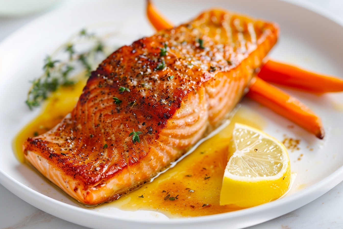 A large white ceramic baking dish containing a whole perfectly cooked salmon fillet with a golden, crispy, herb-seasoned crust, surrounded by an array of vibrant roasted carrots and lemon slices, all glistening with a light buttery glaze, presented in an elegant, intact form showcasing the entire portion. The dish is styled on a white marble kitchen countertop with natural soft directional daylight streaming in from nearby windows, emphasizing textures and colors in a luxurious food magazine hero shot. REALISTIC STYLE IMAGE| TAGS: High-end food photography, clean composition, dramatic lighting, luxurious, elegant, mouth-watering, indulgent, gourmet | CAMERA: Nikon Z7 | FOCAL LENGTH: 50mm | SHOT TYPE: Close-up | COMPOSITION: 3/4 angle | LIGHTING: Soft directional light | PRODUCTION: Food Stylist | TIME: Daytime I LOCATION TYPE: Kitchen near windows --stylize 150 --ar 4:5