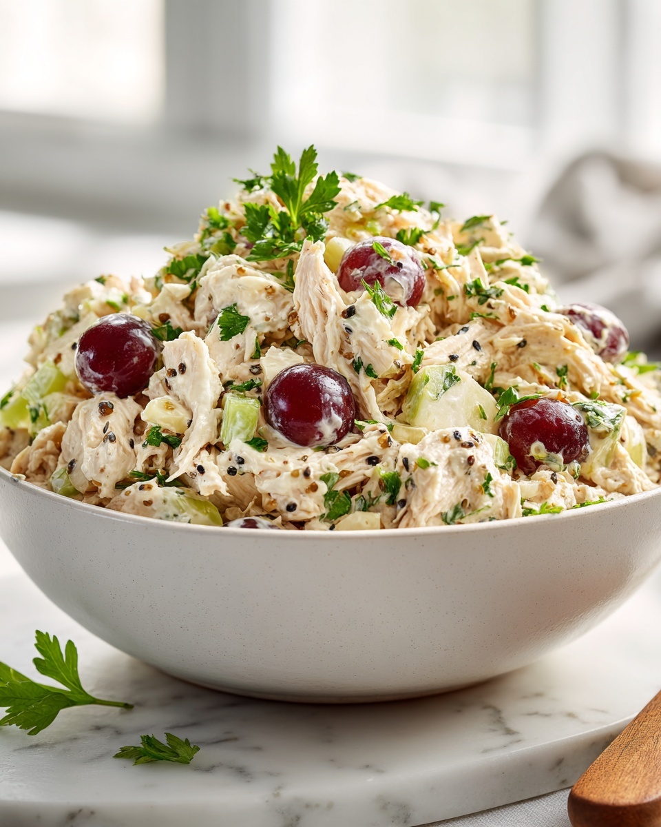 Large white ceramic bowl filled with a generous serving of creamy chicken salad, loaded with shredded chicken pieces, whole red grapes, diced green apples, chopped celery, poppy seeds, and fresh parsley evenly mixed throughout the dish, showing the complete, uncut portion of the salad in a rich, indulgent presentation. The bowl is placed on a white marble kitchen countertop, bathed in soft natural daylight streaming from nearby windows, styled professionally for an elegant, mouth-watering food magazine hero shot. REALISTIC STYLE IMAGE| TAGS: High-end food photography, clean composition, dramatic lighting, luxurious, elegant, mouth-watering, indulgent, gourmet | CAMERA: Nikon Z7 | FOCAL LENGTH: 50mm | SHOT TYPE: Close-up | COMPOSITION: 3/4 angle | LIGHTING: Soft directional light | PRODUCTION: Food Stylist | TIME: Daytime I LOCATION TYPE: Kitchen near windows --stylize 150 --ar 4:5