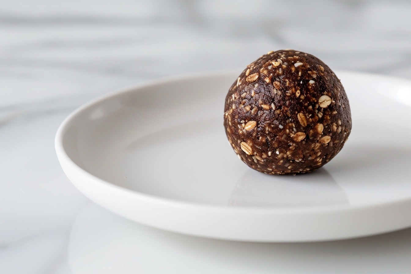 Large white oval ceramic serving tray piled with an abundant bunch of rich dark chocolate energy balls speckled with bits of oats and nuts, each perfectly round and uniformly sized, arranged in a neat and inviting pattern that highlights their dense texture and homemade appeal, photographed in a professional 3/4 angle close-up on a white marble kitchen countertop with soft natural daylight illuminating the glossy surface for a luxurious and indulgent look, styled by an expert food stylist to evoke warmth and nourishment, full scene captured with a Nikon Z7 using a 50mm focal length, close-up shot, soft directional lighting, daytime kitchen near windows --stylize 150 --ar 4:5 REALISTIC STYLE IMAGE| TAGS: High-end food photography, clean composition, dramatic lighting, luxurious, elegant, mouth-watering, indulgent, gourmet | CAMERA: Nikon Z7 | FOCAL LENGTH: 50mm | SHOT TYPE: Close-up | COMPOSITION: 3/4 angle | LIGHTING: Soft directional light | PRODUCTION: Food Stylist | TIME: Daytime I LOCATION TYPE: Kitchen near windows --stylize 150 --ar 4:5