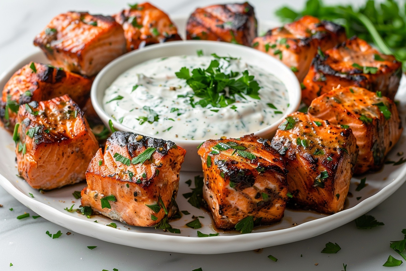 Sweet Chili Salmon Bites with Lime Yogurt Dip Recipe