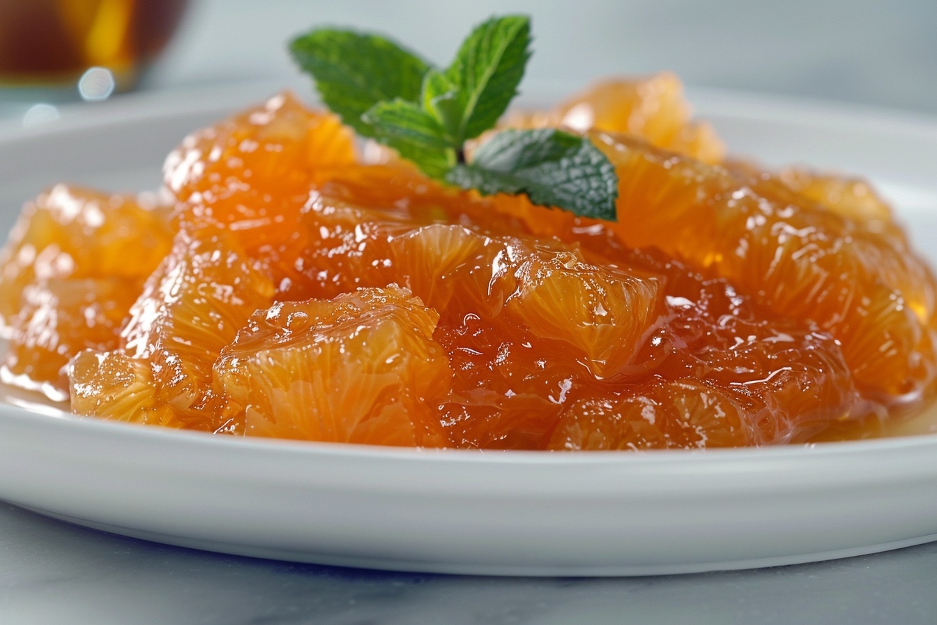 Traditional Rhubarb and Orange Jam Recipe 6 A full, transparent glass jar filled to the brim with vibrant, textured orange marmalade, surrounded by fresh whole oranges and rhubarb stalks scattered around a pristine white marble countertop. The jar sits beside its golden lid, highlighting the rich, glossy preserve inside. The scene is lit with natural, soft directional light from a nearby window, emphasizing the bright colors and rustic charm of the homemade marmalade in a clean and elegant kitchen setting. REALISTIC STYLE IMAGE| TAGS: High-end food photography, clean composition, dramatic lighting, luxurious, elegant, mouth-watering, indulgent, gourmet | CAMERA: Nikon Z7 | FOCAL LENGTH: 50mm | SHOT TYPE: Close-up | COMPOSITION: 3/4 angle | LIGHTING: Soft directional light | PRODUCTION: Food Stylist | TIME: Daytime I LOCATION TYPE: Kitchen near windows --stylize 150 --ar 4:5