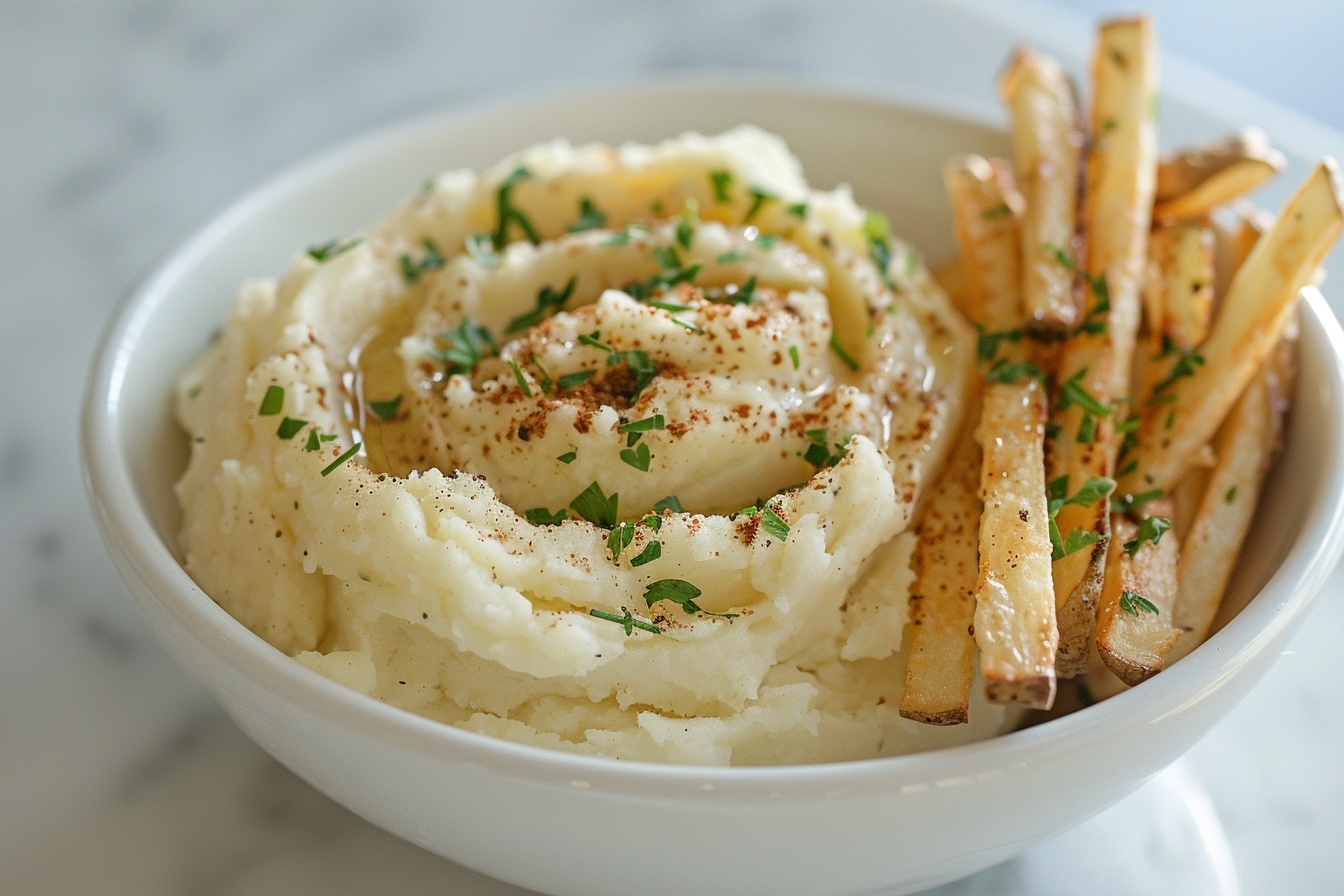 Creamy Garlic Aioli Recipe 6 A pristine white ceramic bowl brimming with creamy, golden mashed potatoes speckled generously with finely chopped fresh herbs, the entire bowl shown without any portions removed, placed on a white marble kitchen countertop. Natural daylight softly illuminates the fluffy texture and herb garnish, capturing the comforting richness of the whole serving as a hero food magazine shot. REALISTIC STYLE IMAGE| TAGS: High-end food photography, clean composition, dramatic lighting, luxurious, elegant, mouth-watering, indulgent, gourmet | CAMERA: Nikon Z7 | FOCAL LENGTH: 50mm | SHOT TYPE: Close-up | COMPOSITION: 3/4 angle | LIGHTING: Soft directional light | PRODUCTION: Food Stylist | TIME: Daytime I LOCATION TYPE: Kitchen near windows --stylize 150 --ar 4:5