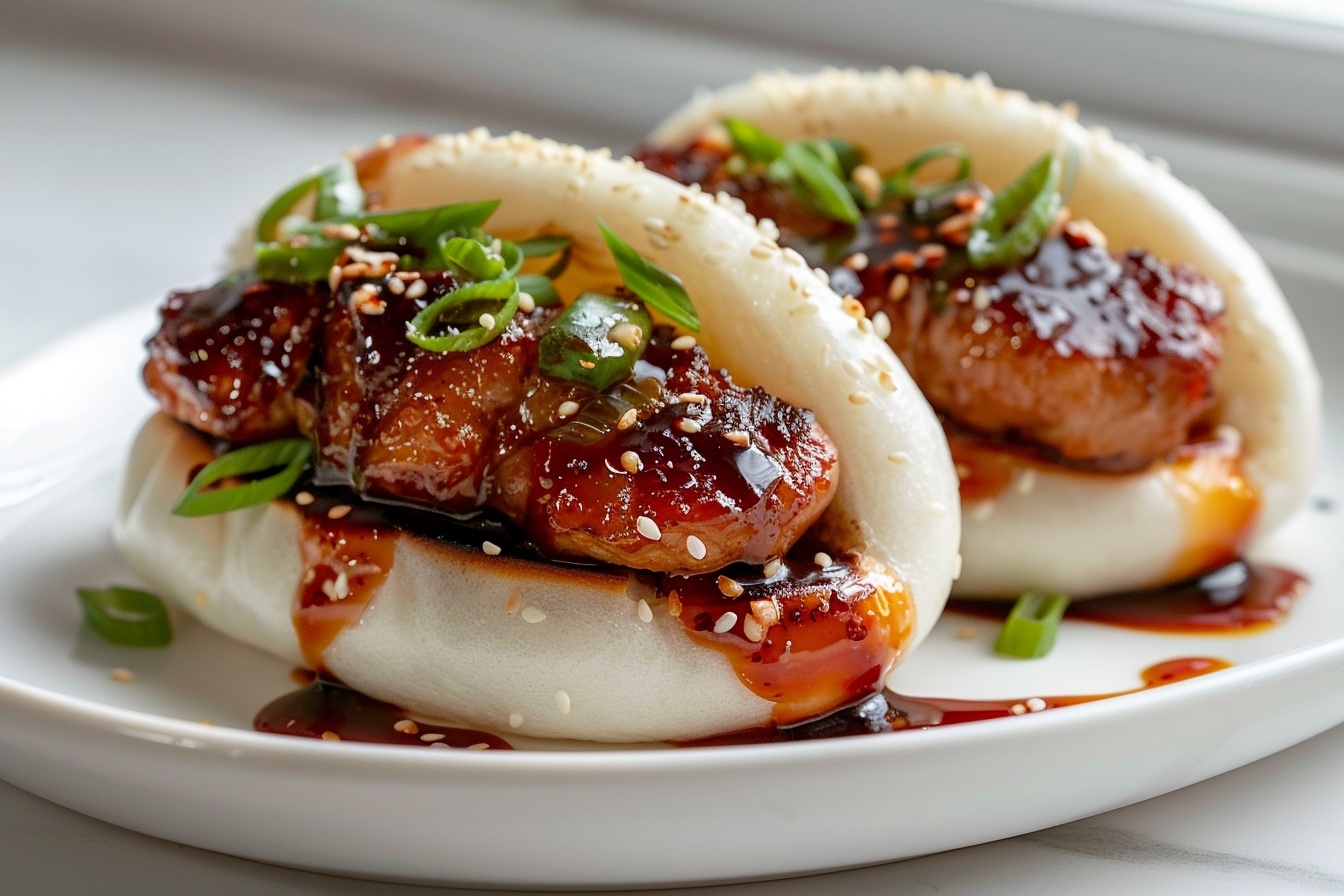 Korean Chicken Bao Buns Recipe 6 A large white rectangular serving platter displaying an array of fluffy steamed bao buns, each generously filled with tender, glistening pieces of marinated pork topped with a vibrant garnish of finely sliced green onions and sprinkled with white sesame seeds. The bao buns are arranged neatly side by side, showcasing their soft, plump texture and the rich, saucy meat inside, set against a pristine white marble kitchen countertop with natural daylight highlighting the fresh ingredients and inviting textures. This complete presentation emphasizes the indulgent, gourmet appeal of the dish, styled with elegance and a clean, mouth-watering composition. REALISTIC STYLE IMAGE| TAGS: High-end food photography, clean composition, dramatic lighting, luxurious, elegant, mouth-watering, indulgent, gourmet | CAMERA: Nikon Z7 | FOCAL LENGTH: 50mm | SHOT TYPE: Close-up | COMPOSITION: 3/4 angle | LIGHTING: Soft directional light | PRODUCTION: Food Stylist | TIME: Daytime I LOCATION TYPE: Kitchen near windows --stylize 150 --ar 4:5