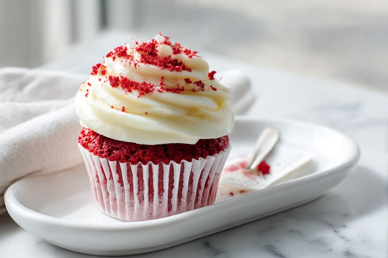 Red Velvet Cupcakes Recipe 4 White oval ceramic serving tray neatly arranged with a generous bunch of rich red velvet cupcakes topped with thick swirls of smooth cream cheese frosting and sprinkled with vibrant red velvet crumbs, showcasing the entire batch perfectly aligned, on a pristine white marble kitchen countertop illuminated by soft natural daylight streaming through nearby windows, styled for a high-end food magazine presentation. REALISTIC STYLE IMAGE| TAGS: High-end food photography, clean composition, dramatic lighting, luxurious, elegant, mouth-watering, indulgent, gourmet | CAMERA: Nikon Z7 | FOCAL LENGTH: 50mm | SHOT TYPE: Close-up | COMPOSITION: 3/4 angle | LIGHTING: Soft directional light | PRODUCTION: Food Stylist | TIME: Daytime I LOCATION TYPE: Kitchen near windows --stylize 150 --ar 4:5