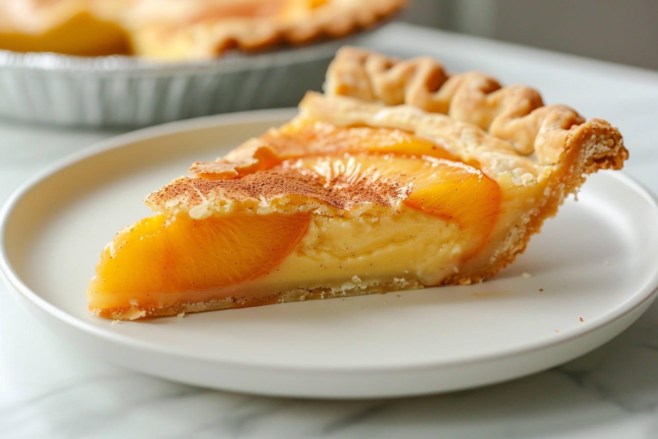 Homemade Peach Custard Pie Recipe 6 A full white ceramic pie dish showcasing a whole freshly baked peach custard pie with a perfectly crimped golden-brown flaky crust. The custard filling is smooth and creamy, topped with evenly arranged, glossy, vibrant peach slices showing their natural glistening sweetness and a delicate sprinkle of cinnamon enhancing the warm tones. The entire pie is photographed from a 3/4 angle on a white marble kitchen countertop with natural, soft directional daylight illuminating the textures and colors, styled to emphasize indulgence and artisanal craftsmanship. REALISTIC STYLE IMAGE| TAGS: High-end food photography, clean composition, dramatic lighting, luxurious, elegant, mouth-watering, indulgent, gourmet | CAMERA: Nikon Z7 | FOCAL LENGTH: 50mm | SHOT TYPE: Close-up | COMPOSITION: 3/4 angle | LIGHTING: Soft directional light | PRODUCTION: Food Stylist | TIME: Daytime I LOCATION TYPE: Kitchen near windows --stylize 150 --ar 4:5
