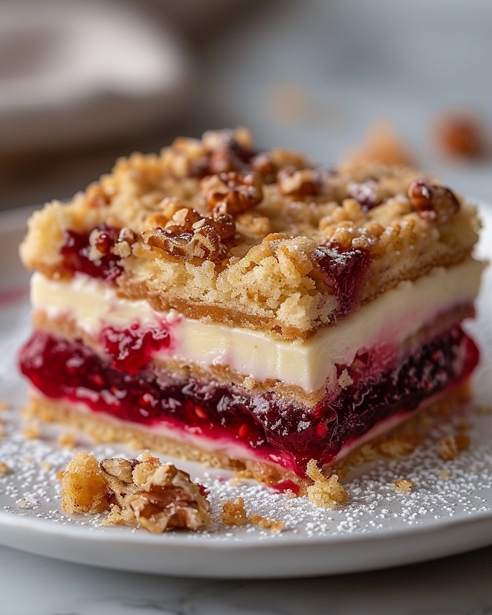 Rhubarb Cream Cheese Bars Recipe 6 A full rectangular glass baking dish filled with a layered crumb bar dessert featuring a golden-brown crumbly streusel topping with chopped walnuts scattered evenly on top, a vibrant red raspberry jam layer beneath, followed by a smooth creamy custard filling, all resting on a firm buttery crust. The entire uncut dessert is presented on a white marble kitchen counter, captured with professional food styling and natural soft directional light, showcasing the luscious textures and inviting colors from a 3/4 angle shot. REALISTIC STYLE IMAGE| TAGS: High-end food photography, clean composition, dramatic lighting, luxurious, elegant, mouth-watering, indulgent, gourmet | CAMERA: Nikon Z7 | FOCAL LENGTH: 50mm | SHOT TYPE: Close-up | COMPOSITION: 3/4 angle | LIGHTING: Soft directional light | PRODUCTION: Food Stylist | TIME: Daytime I LOCATION TYPE: Kitchen near windows --stylize 150 --ar 4:5