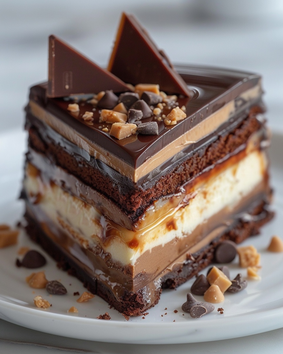 Whole decadent chocolate peanut butter brownie cake displayed on a pristine white round ceramic plate, topped generously with a thick, glossy layer of melted chocolate ganache cascading down the sides, adorned with an abundant scatter of whole peanut butter cups and chopped peanuts for a rich, textured finish, shot from a 3/4 angle capturing the entire cake’s indulgent layers and sumptuous decoration against a white marble kitchen countertop background, illuminated by soft natural lighting to enhance the luscious colors and textures, styled like a heroic food magazine cover. REALISTIC STYLE IMAGE| TAGS: High-end food photography, clean composition, dramatic lighting, luxurious, elegant, mouth-watering, indulgent, gourmet | CAMERA: Nikon Z7 | FOCAL LENGTH: 50mm | SHOT TYPE: Close-up | COMPOSITION: 3/4 angle | LIGHTING: Soft directional light | PRODUCTION: Food Stylist | TIME: Daytime I LOCATION TYPE: Kitchen near windows --stylize 150 --ar 4:5