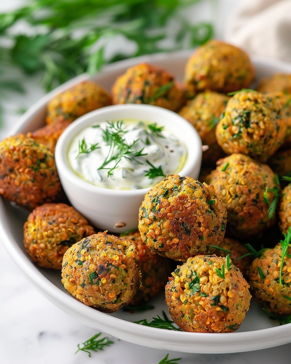 Baked Greek Lentil Meatballs with Tzatziki Recipe 6 Large white ceramic serving bowl filled with a heaping batch of golden-brown lentil and spinach falafel balls, crispy on the outside and speckled with herbs and spices, arranged neatly around a central white bowl brimming with creamy, herb-studded tzatziki sauce, all set on a pristine white marble countertop, captured from a 3/4 angle to showcase the entire dish in a professional food magazine style, illuminated by soft natural daylight streaming through nearby kitchen windows, styled by a food expert for an elegant, mouth-watering presentation. REALISTIC STYLE IMAGE| TAGS: High-end food photography, clean composition, dramatic lighting, luxurious, elegant, mouth-watering, indulgent, gourmet | CAMERA: Nikon Z7 | FOCAL LENGTH: 50mm | SHOT TYPE: Close-up | COMPOSITION: 3/4 angle | LIGHTING: Soft directional light | PRODUCTION: Food Stylist | TIME: Daytime I LOCATION TYPE: Kitchen near windows --stylize 150 --ar 4:5