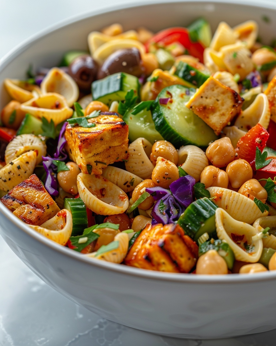 Mouthwatering High Protein Pasta Salad with Tofu Recipe 6 Large white ceramic bowl filled with a vibrant Mediterranean pasta salad featuring whole orecchiette pasta shells, plump chickpeas, crisp red bell pepper strips, sliced black olives, chunks of herbed grilled tofu, thin cucumber slices, and shredded purple cabbage, all tossed in a light vinaigrette and garnished with fresh herbs. The full serving bowl is presented on a white marble kitchen countertop, bathed in natural, soft directional light creating an elegant and mouth-watering hero shot from a 3/4 angle. REALISTIC STYLE IMAGE| TAGS: High-end food photography, clean composition, dramatic lighting, luxurious, elegant, mouth-watering, indulgent, gourmet | CAMERA: Nikon Z7 | FOCAL LENGTH: 50mm | SHOT TYPE: Close-up | COMPOSITION: 3/4 angle | LIGHTING: Soft directional light | PRODUCTION: Food Stylist | TIME: Daytime I LOCATION TYPE: Kitchen near windows --stylize 150 --ar 4:5