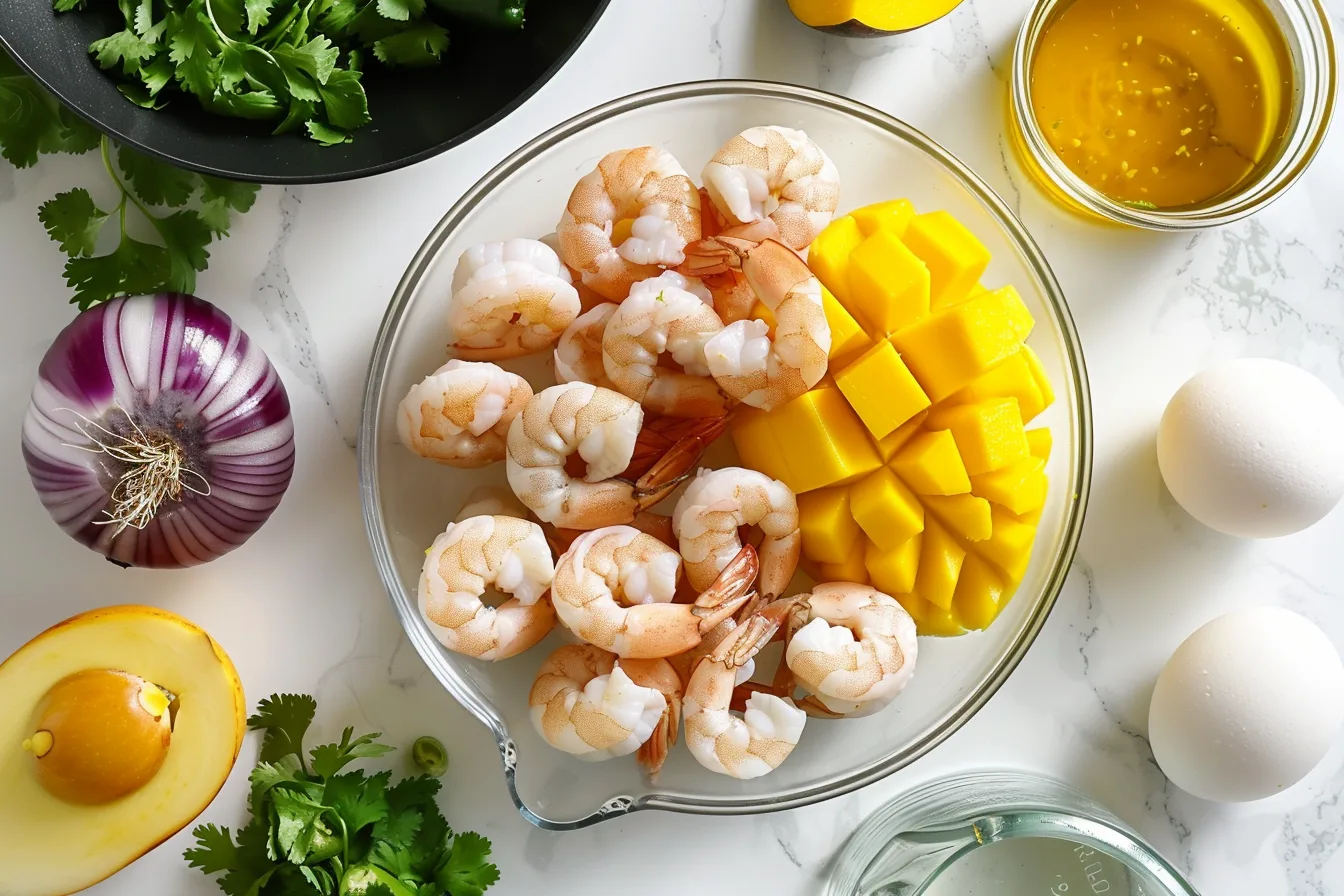 Mediterranean Shrimp and Avocado Bowls with Mango Salsa & Lime-Chili Sauce Recipe 5 Single white bowl featuring a perfectly plated portion of grilled shrimp over a bed of fluffy white rice, accompanied by thinly sliced ripe avocado fanned artfully on one side and a vibrant mango salsa featuring diced mango, red bell pepper, and fresh herbs on the other, with a creamy, herb-speckled sauce being gently poured over the center, showcasing the textures of the charred shrimp, tender rice grains, and juicy salsa, all presented on a white marble surface, close-up angled shot capturing the depth and vivid colors of the ingredients in natural soft directional daylight, styled elegantly as a gourmet, indulgent single serving from a food blog REALISTIC STYLE IMAGE| TAGS: High-end food photography, clean composition, dramatic lighting, luxurious, elegant, mouth-watering, indulgent, gourmet | CAMERA: Nikon Z7 | FOCAL LENGTH: 50mm | SHOT TYPE: Close-up | COMPOSITION: 3/4 angle | LIGHTING: Soft directional light | PRODUCTION: Food Stylist | TIME: Daytime I LOCATION TYPE: Kitchen near windows --stylize 150 --ar 4:5