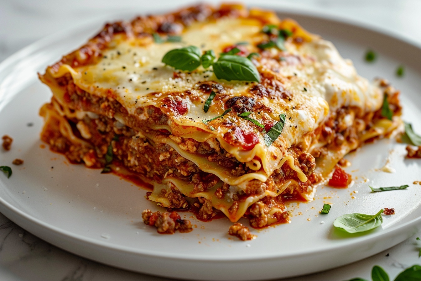 A full rectangular ceramic baking dish filled to the brim with freshly baked lasagna, showcasing a golden, bubbly, and slightly browned layer of melted cheese with herbs and basil leaves scattered generously on top, all arranged perfectly in the white ceramic pan. The dish sits on a rustic wooden board placed on a white marble countertop, enhanced by natural daylight streaming through nearby windows to highlight the vibrant colors and textures of the lasagna. The composition captures the entire dish from a 3/4 angle, styled elegantly to evoke a gourmet, indulgent feel reminiscent of a high-end food magazine hero shot. REALISTIC STYLE IMAGE| TAGS: High-end food photography, clean composition, dramatic lighting, luxurious, elegant, mouth-watering, indulgent, gourmet | CAMERA: Nikon Z7 | FOCAL LENGTH: 50mm | SHOT TYPE: Close-up | COMPOSITION: 3/4 angle | LIGHTING: Soft directional light | PRODUCTION: Food Stylist | TIME: Daytime I LOCATION TYPE: Kitchen near windows --stylize 150 --ar 4:5