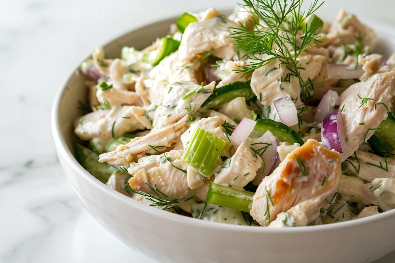 Large white ceramic bowl filled with a generous serving of high protein chicken salad, showcasing tender shredded chicken mixed with crunchy diced celery, finely chopped red onions, and fresh dill sprigs all bound together in a creamy dressing, the full dish presented on a white marble kitchen countertop, styled to emphasize freshness and wholesome ingredients, captured with professional food styling in natural daylight to highlight texture and color, shot from a 3/4 angle to display the entire bowl and its contents clearly. REALISTIC STYLE IMAGE| TAGS: High-end food photography, clean composition, dramatic lighting, luxurious, elegant, mouth-watering, indulgent, gourmet | CAMERA: Nikon Z7 | FOCAL LENGTH: 50mm | SHOT TYPE: Close-up | COMPOSITION: 3/4 angle | LIGHTING: Soft directional light | PRODUCTION: Food Stylist | TIME: Daytime I LOCATION TYPE: Kitchen near windows --stylize 150 --ar 4:5