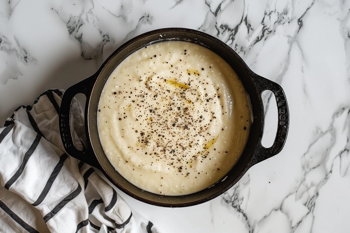 Homemade Italian Béchamel Sauce for the Perfect Lasagna Recipe 6 Large black cast iron pot filled to the brim with creamy white sauce flecked with cracked black pepper, showcasing its smooth and velvety texture evenly throughout the pot, shot in a professional food photography style on a pristine white marble kitchen countertop. The full pot is presented as the complete preparation of a luscious peppercorn cream sauce, illuminated by soft natural directional light filtering through nearby windows to capture the glossy sheen and rich creaminess of the entire contents, styled for an indulgent gourmet appeal. REALISTIC STYLE IMAGE| TAGS: High-end food photography, clean composition, dramatic lighting, luxurious, elegant, mouth-watering, indulgent, gourmet | CAMERA: Nikon Z7 | FOCAL LENGTH: 50mm | SHOT TYPE: Close-up | COMPOSITION: 3/4 angle | LIGHTING: Soft directional light | PRODUCTION: Food Stylist | TIME: Daytime I LOCATION TYPE: Kitchen near windows --stylize 150 --ar 4:5
