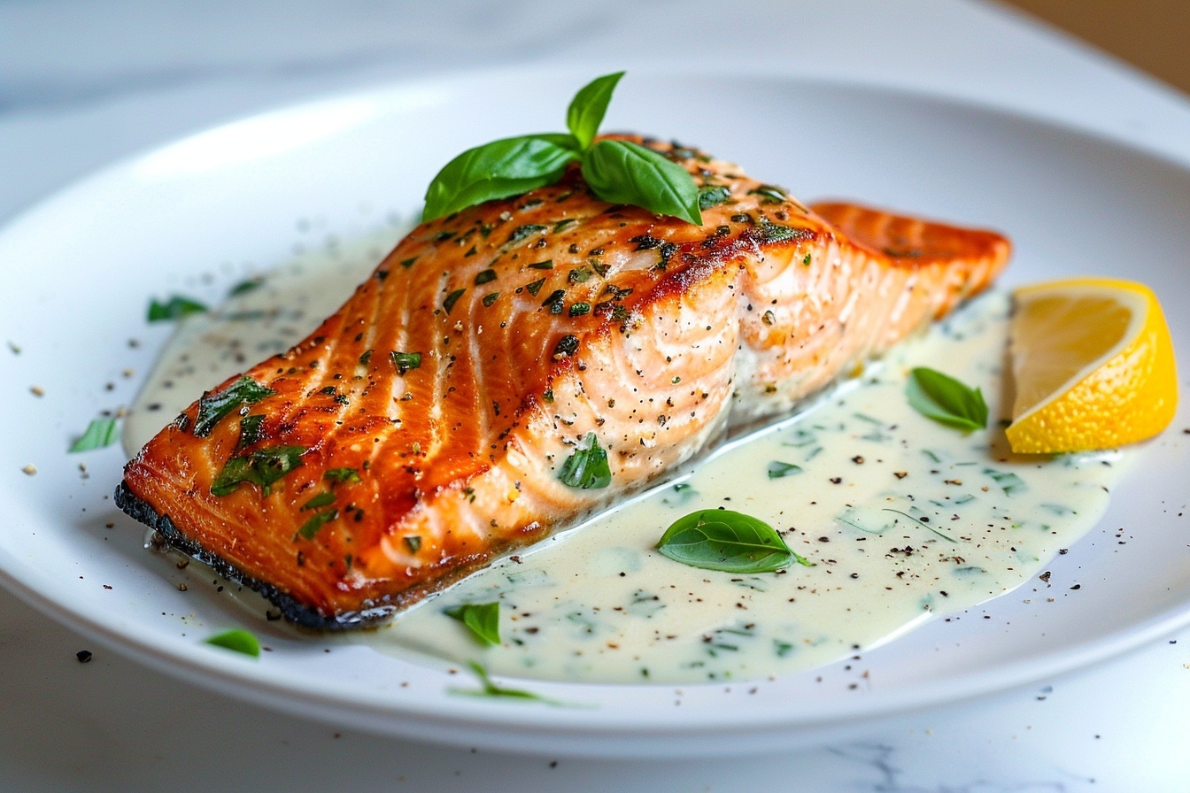 Large white oval serving dish filled with multiple perfectly seared salmon fillets arranged side by side, bathed generously in a creamy sauce flecked with fresh chopped herbs and a wedge of lemon, whole dish photographed from a 3/4 angle on a white marble kitchen countertop, professional food styling with natural soft directional light creating a luxurious and mouth-watering presentation, evoking a gourmet dining experience, REALISTIC STYLE IMAGE| TAGS: High-end food photography, clean composition, dramatic lighting, luxurious, elegant, mouth-watering, indulgent, gourmet | CAMERA: Nikon Z7 | FOCAL LENGTH: 50mm | SHOT TYPE: Close-up | COMPOSITION: 3/4 angle | LIGHTING: Soft directional light | PRODUCTION: Food Stylist | TIME: Daytime I LOCATION TYPE: Kitchen near windows --stylize 150 --ar 4:5