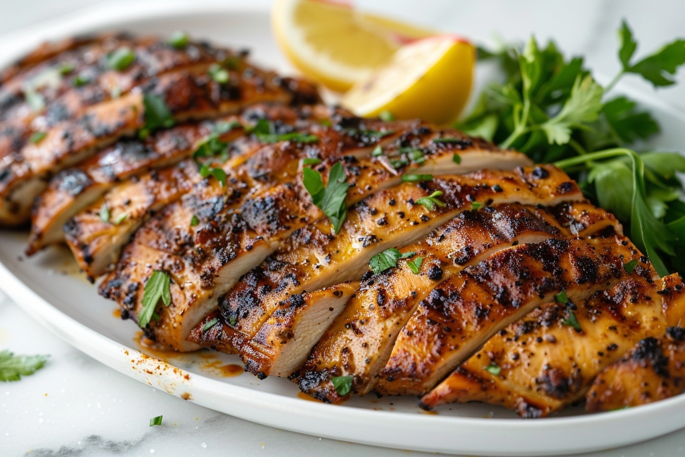 Whole vertical rotisserie of stacked marinated chicken thighs roasting on a spit, with the entire pile of golden-brown, crispy-skinned meat visible in a large round white roasting pan beneath it, the seasoned chicken showcasing charred edges and juicy, tender layers of meat, arranged beautifully to highlight the full impressive mass of rotisserie chicken, photographed at a 3/4 angle on a pristine white marble kitchen countertop, with natural soft directional light illuminating the textures and colors, styled as a gourmet food hero shot in a luxury kitchen setting, capturing the entire uncut dish in frame, conveying indulgence and high-end culinary appeal. REALISTIC STYLE IMAGE| TAGS: High-end food photography, clean composition, dramatic lighting, luxurious, elegant, mouth-watering, indulgent, gourmet | CAMERA: Nikon Z7 | FOCAL LENGTH: 50mm | SHOT TYPE: Close-up | COMPOSITION: 3/4 angle | LIGHTING: Soft directional light | PRODUCTION: Food Stylist | TIME: Daytime I LOCATION TYPE: Kitchen near windows --stylize 150 --ar 4:5