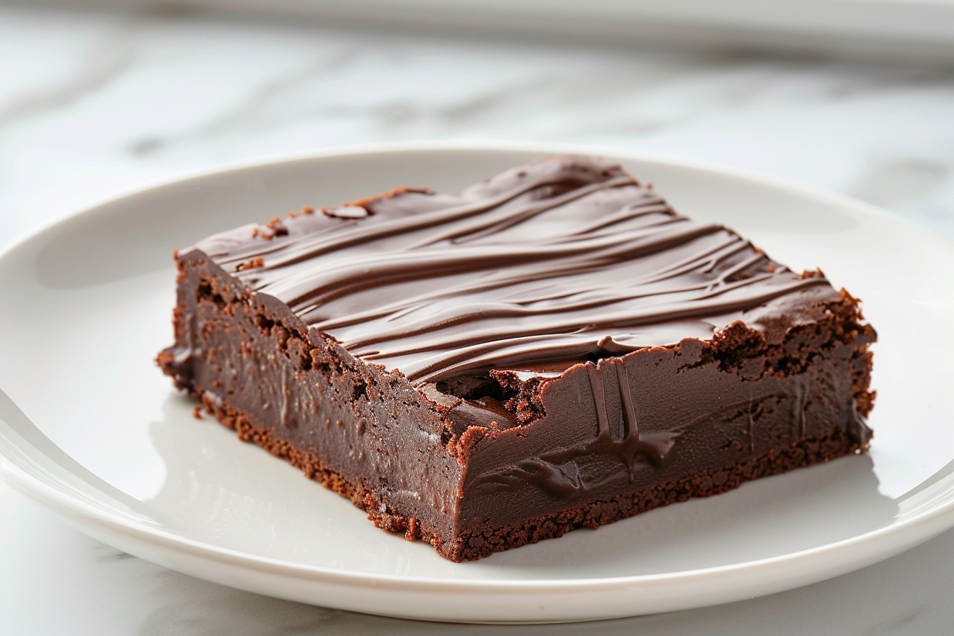 Full rectangular baking pan filled with a rich, fudgy chocolate brownie, the entire surface perfectly topped with a smooth, glossy layer of chocolate frosting, showing the uncut whole dish with neat edges and uniform texture, placed on a white marble countertop. The image is styled as a professional food photograph featuring soft directional natural light highlighting the decadent finish, arranged with elegant simplicity to showcase the full pan and the inviting, dense chocolate layers beneath the frosting. REALISTIC STYLE IMAGE| TAGS: High-end food photography, clean composition, dramatic lighting, luxurious, elegant, mouth-watering, indulgent, gourmet | CAMERA: Nikon Z7 | FOCAL LENGTH: 50mm | SHOT TYPE: Close-up | COMPOSITION: 3/4 angle | LIGHTING: Soft directional light | PRODUCTION: Food Stylist | TIME: Daytime I LOCATION TYPE: Kitchen near windows --stylize 150 --ar 4:5