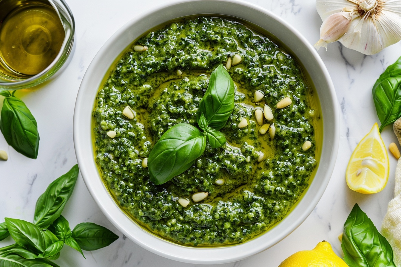 A large white ceramic bowl filled with vibrant, freshly made green basil pesto, showcasing a rich, textured blend of basil leaves, pine nuts, garlic, Parmesan cheese, and olive oil, surrounded by whole fresh basil sprigs and wedges of lemon on a clean white marble countertop, professionally styled for a high-end food magazine hero shot, capturing the entire serving of pesto with a natural, soft directional daylight illuminating the scene. REALISTIC STYLE IMAGE| TAGS: High-end food photography, clean composition, dramatic lighting, luxurious, elegant, mouth-watering, indulgent, gourmet | CAMERA: Nikon Z7 | FOCAL LENGTH: 50mm | SHOT TYPE: Close-up | COMPOSITION: 3/4 angle | LIGHTING: Soft directional light | PRODUCTION: Food Stylist | TIME: Daytime I LOCATION TYPE: Kitchen near windows --stylize 150 --ar 4:5