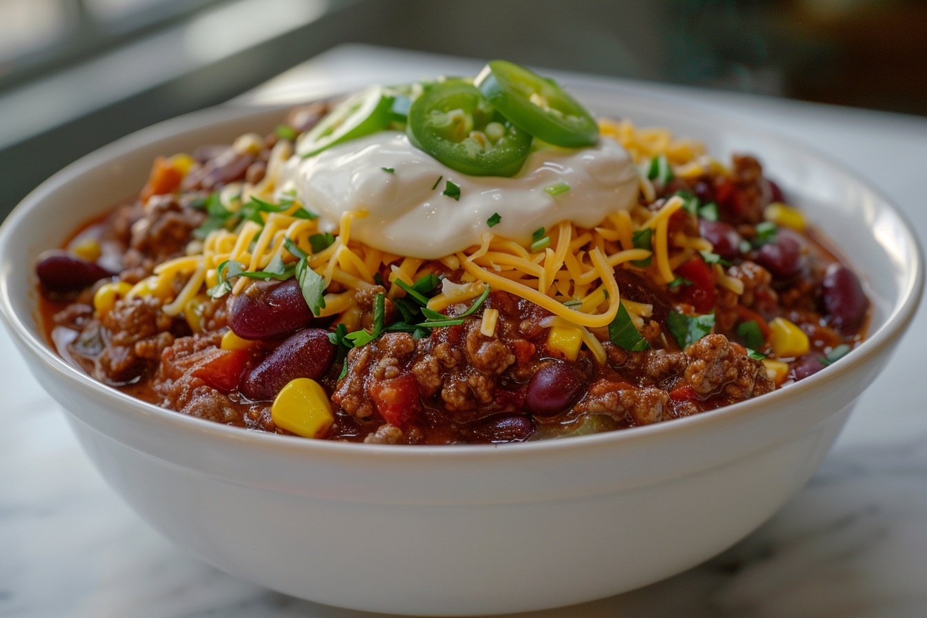 A large pristine white ceramic bowl filled to the brim with rich, hearty chili con carne, showcasing tender ground beef, whole red kidney beans, sweet yellow corn kernels, and finely diced tomatoes, all evenly mixed and steaming enticingly. The chili is topped with a generous dollop of smooth sour cream, melted shredded cheddar cheese cascading over the surface, and thinly sliced fresh green jalapeño peppers arranged artistically for vibrant color contrast. The bowl sits on a white marble countertop, illuminated by soft natural light streaming through a nearby window, styled with culinary precision to highlight the textures and warmth of the dish, captured in a refined 3/4 angle close-up that conveys a mouth-watering, gourmet presentation. REALISTIC STYLE IMAGE| TAGS: High-end food photography, clean composition, dramatic lighting, luxurious, elegant, mouth-watering, indulgent, gourmet | CAMERA: Nikon Z7 | FOCAL LENGTH: 50mm | SHOT TYPE: Close-up | COMPOSITION: 3/4 angle | LIGHTING: Soft directional light | PRODUCTION: Food Stylist | TIME: Daytime I LOCATION TYPE: Kitchen near windows --stylize 150 --ar 4:5