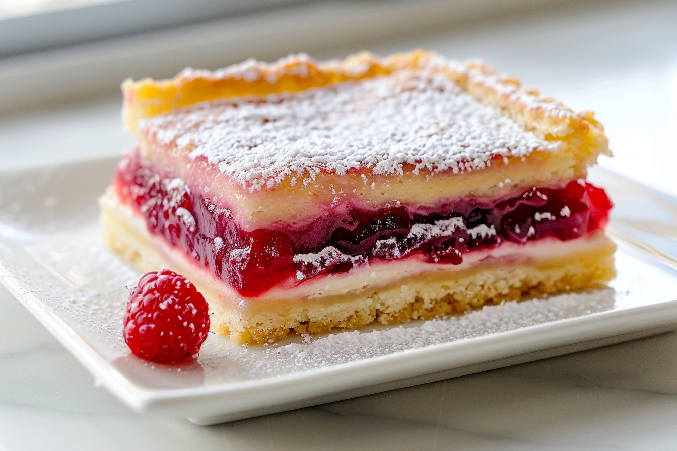 A full rectangular white ceramic baking dish filled with vibrant layered pink and creamy yellow lemon raspberry bars dusted generously with powdered sugar, arranged evenly to showcase the whole uncut dessert with its glossy fruit topping and crumbly golden crust, photographed from a 3/4 angle on a pristine white marble kitchen countertop under natural soft directional daylight, styled for a luxurious and indulgent food magazine hero shot, capturing the mouth-watering texture and bright color contrast vividly. REALISTIC STYLE IMAGE| TAGS: High-end food photography, clean composition, dramatic lighting, luxurious, elegant, mouth-watering, indulgent, gourmet | CAMERA: Nikon Z7 | FOCAL LENGTH: 50mm | SHOT TYPE: Close-up | COMPOSITION: 3/4 angle | LIGHTING: Soft directional light | PRODUCTION: Food Stylist | TIME: Daytime I LOCATION TYPE: Kitchen near windows --stylize 150 --ar 4:5