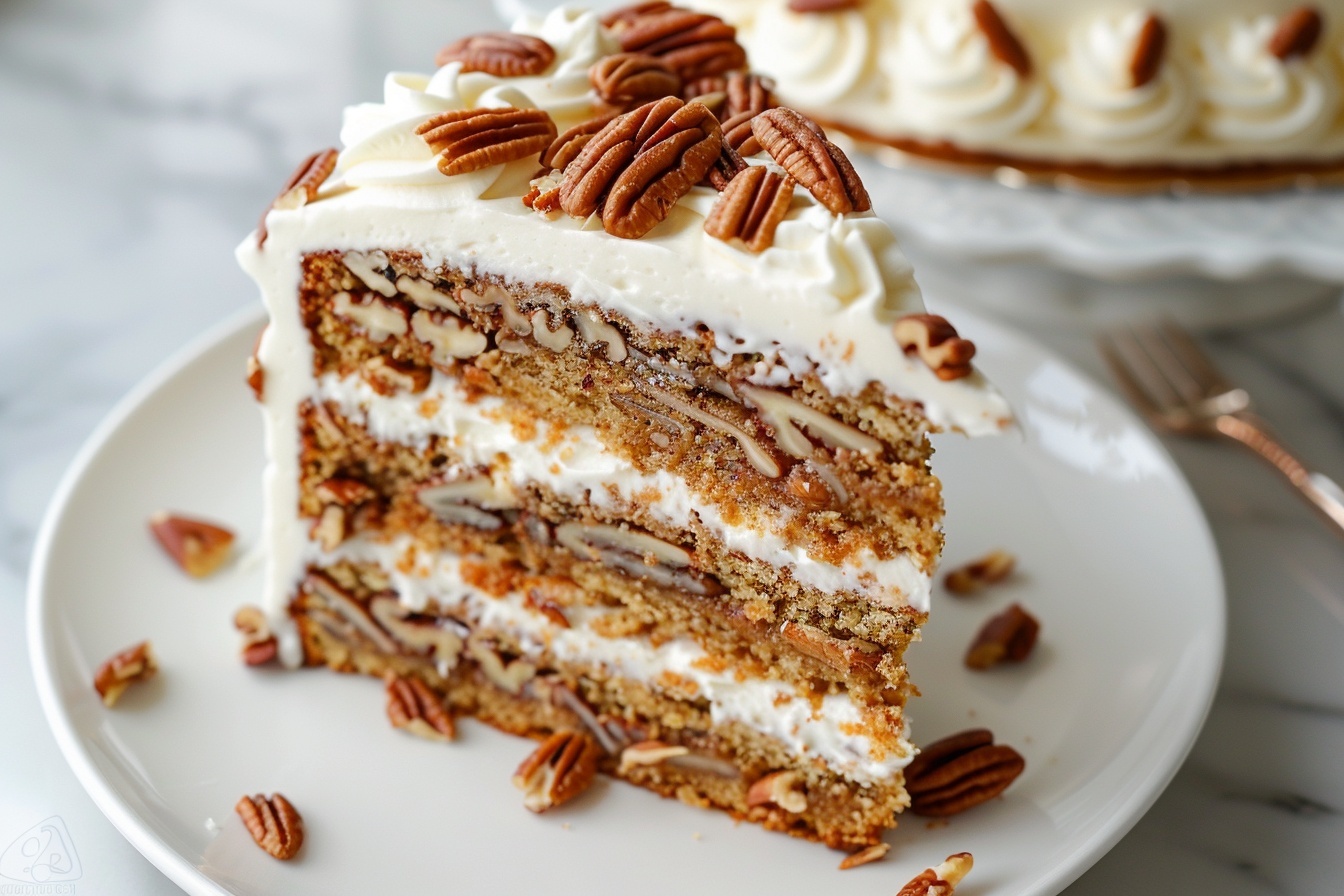 A whole round pecan cake presented on a large white ceramic plate, lavishly frosted with creamy white icing that smoothly envelops the entire cake, topped evenly with a generous ring of whole toasted pecans and elegant piped swirls of whipped cream along the edges. The cake's sides reveal bits of pecans embedded throughout the moist, dense crumb. The setting is a pristine white marble kitchen countertop with soft natural daylight filtering in, emphasizing the rich textures and glossy finish of the frosting. Captured at a 3/4 angle close-up, this hero shot highlights the indulgent and inviting nature of the complete pecan cake in a luxurious and elegant presentation. REALISTIC STYLE IMAGE| TAGS: High-end food photography, clean composition, dramatic lighting, luxurious, elegant, mouth-watering, indulgent, gourmet | CAMERA: Nikon Z7 | FOCAL LENGTH: 50mm | SHOT TYPE: Close-up | COMPOSITION: 3/4 angle | LIGHTING: Soft directional light | PRODUCTION: Food Stylist | TIME: Daytime I LOCATION TYPE: Kitchen near windows --stylize 150 --ar 4:5