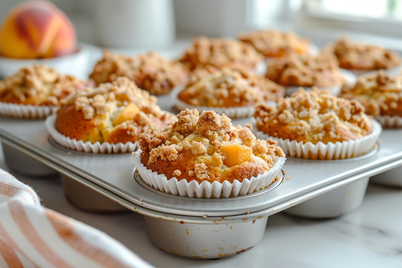 Classic Bakery-Style Peach Muffins with Cream Cheese Streusel Recipe - Recipe Image
