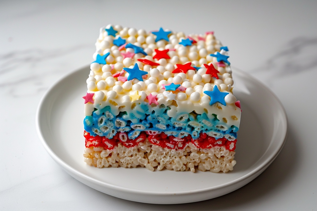 Red, White, and Blue Rice Krispies Treats Recipe 6 A large white rectangular ceramic serving platter featuring the entire batch of patriotic layered Rice Krispies treats, each square showcasing vibrant blue, white, and red layers topped abundantly with blue-tinted crispy cereal and sprinkled with small red, white, and blue star-shaped sprinkles. The treats are neatly arranged in rows, presenting the colorful, full uncut dessert in a clean, beautifully styled manner. The setting is on a polished white marble countertop illuminated by soft natural daylight, capturing the glossy texture and festive colors in a mouth-watering, indulgent, gourmet style. REALISTIC STYLE IMAGE| TAGS: High-end food photography, clean composition, dramatic lighting, luxurious, elegant, mouth-watering, indulgent, gourmet | CAMERA: Nikon Z7 | FOCAL LENGTH: 50mm | SHOT TYPE: Close-up | COMPOSITION: 3/4 angle | LIGHTING: Soft directional light | PRODUCTION: Food Stylist | TIME: Daytime I LOCATION TYPE: Kitchen near windows --stylize 150 --ar 4:5