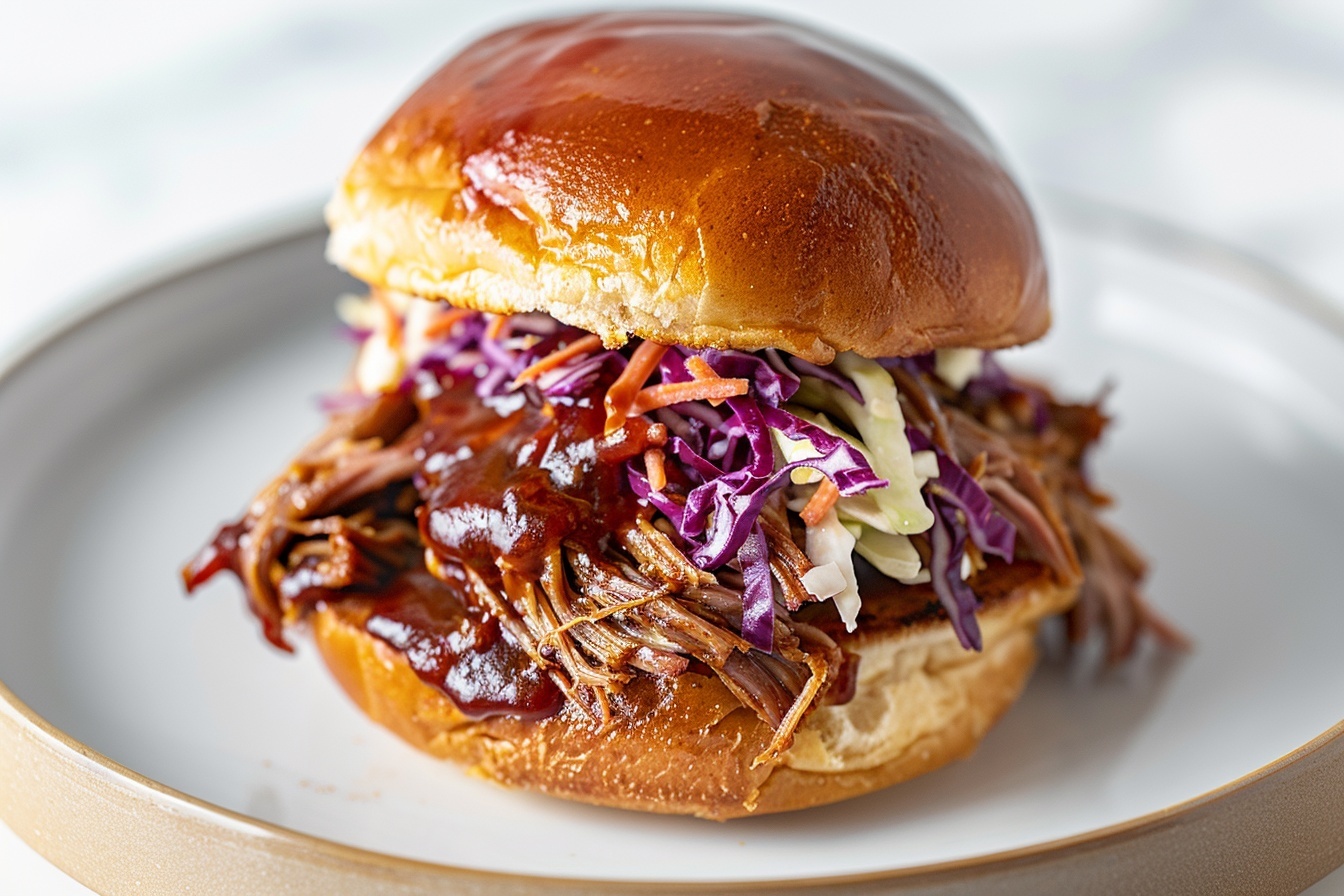 Backyard BBQ Pulled Pork Sliders Recipe 6 Large white rectangular serving platter filled with a full dozen of freshly made pulled barbecue chicken sliders, each nestled inside soft, golden bun rolls, topped with creamy, colorful coleslaw and adorned with small American flag toothpicks. The entire dish is displayed as a whole, with glistening barbecue sauce coating the shredded chicken, set on a crisp white marble kitchen countertop under natural daylight. The professional food styling captures the platter from a 3/4 angle, highlighting the texture of the buns and the fresh toppings, arranged in an inviting and indulgent presentation. REALISTIC STYLE IMAGE| TAGS: High-end food photography, clean composition, dramatic lighting, luxurious, elegant, mouth-watering, indulgent, gourmet | CAMERA: Nikon Z7 | FOCAL LENGTH: 50mm | SHOT TYPE: Close-up | COMPOSITION: 3/4 angle | LIGHTING: Soft directional light | PRODUCTION: Food Stylist | TIME: Daytime I LOCATION TYPE: Kitchen near windows --stylize 150 --ar 4:5