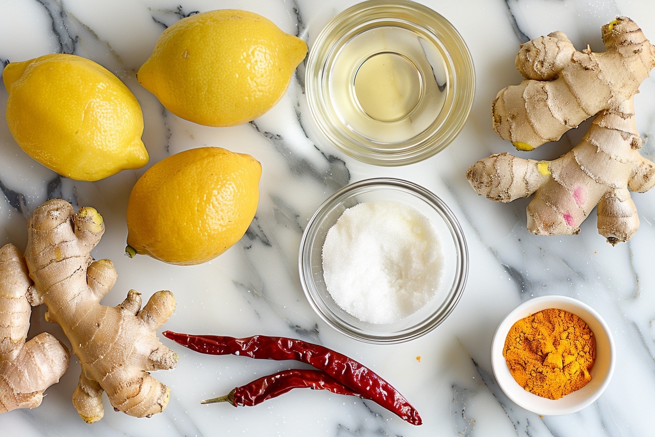 A full glass jar filled to the brim with vibrant golden chili ginger jam, showing the translucent, gel-like texture suspended with red chili flakes and tiny ginger bits throughout, placed on a white marble kitchen counter surrounded by fresh whole ginger roots and bright yellow lemons in the background, captured in natural daylight highlighting the glossy, sticky surface of the jam and creating a warm, inviting atmosphere. REALISTIC STYLE IMAGE| TAGS: High-end food photography, clean composition, dramatic lighting, luxurious, elegant, mouth-watering, indulgent, gourmet | CAMERA: Nikon Z7 | FOCAL LENGTH: 50mm | SHOT TYPE: Close-up | COMPOSITION: 3/4 angle | LIGHTING: Soft directional light | PRODUCTION: Food Stylist | TIME: Daytime I LOCATION TYPE: Kitchen near windows --stylize 150 --ar 4:5