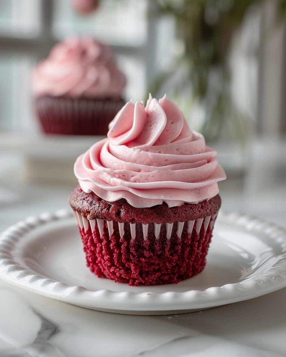 Pink Velvet Cupcakes Recipe 6 A large white oval ceramic serving tray filled with a generous bunch of red velvet cupcakes, each perfectly topped with smooth, lush swirls of delicate pink buttercream frosting; the cupcakes are closely arranged, showcasing their rich red color and elegant piped frosting texture, captured at a 3/4 angle with soft natural daylight streaming in from a nearby window, set on a pristine white marble kitchen countertop, styled to evoke a luxurious and indulgent feel within a bright kitchen environment. REALISTIC STYLE IMAGE| TAGS: High-end food photography, clean composition, dramatic lighting, luxurious, elegant, mouth-watering, indulgent, gourmet | CAMERA: Nikon Z7 | FOCAL LENGTH: 50mm | SHOT TYPE: Close-up | COMPOSITION: 3/4 angle | LIGHTING: Soft directional light | PRODUCTION: Food Stylist | TIME: Daytime I LOCATION TYPE: Kitchen near windows --stylize 150 --ar 4:5