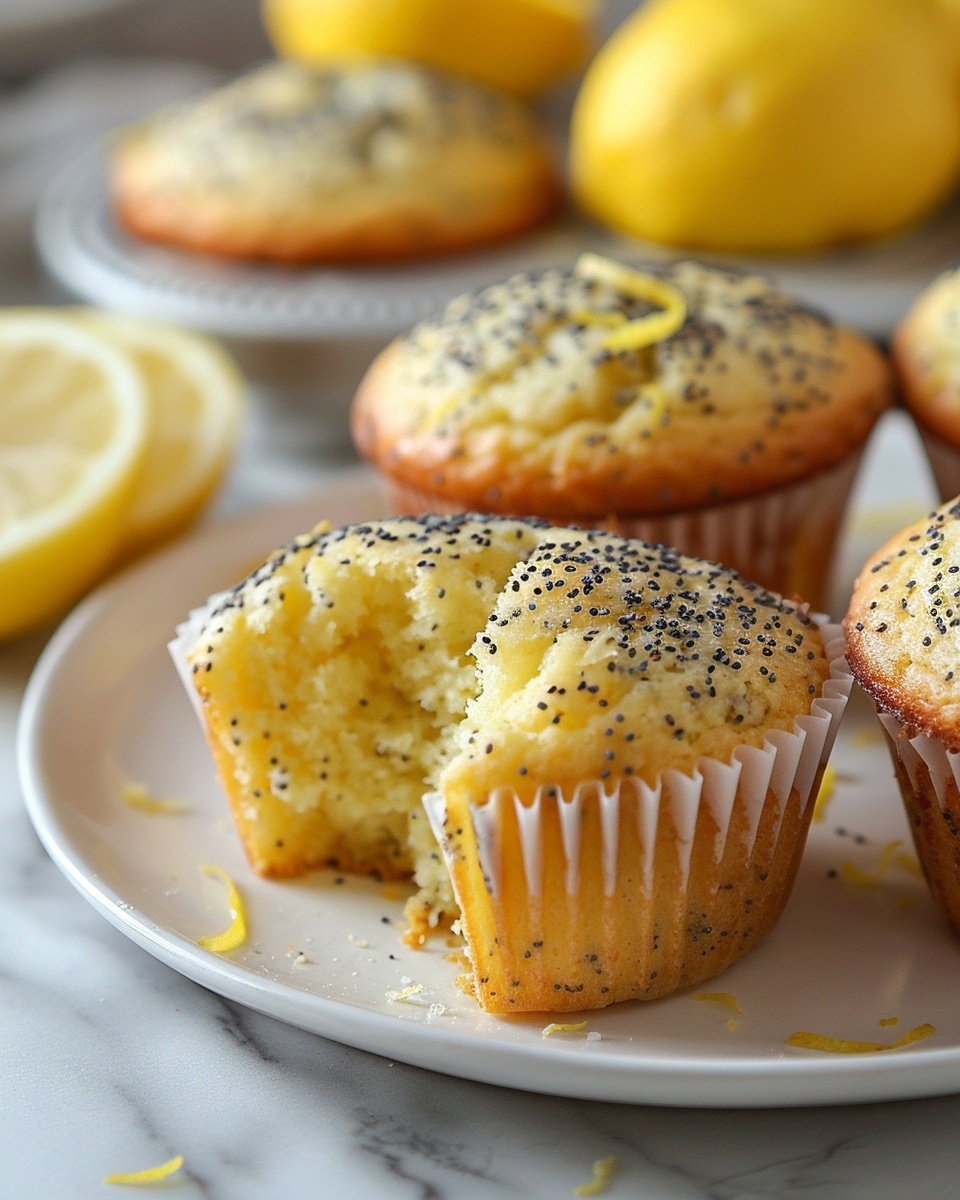 Lemon Poppy Seed Muffins Recipe 6 A large white oval ceramic serving tray filled with a generous batch of freshly baked lemon poppy seed muffins, each muffin topped with a golden crust sprinkled with tiny black poppy seeds and flecks of bright lemon zest, arranged closely together to highlight their fluffy texture and vibrant colors, set on a pristine white marble countertop bathed in natural daylight, styled to emphasize the wholesome, inviting quality of the entire batch, captured in a professional 3/4 angle hero shot that conveys warmth and indulgence. REALISTIC STYLE IMAGE| TAGS: High-end food photography, clean composition, dramatic lighting, luxurious, elegant, mouth-watering, indulgent, gourmet | CAMERA: Nikon Z7 | FOCAL LENGTH: 50mm | SHOT TYPE: Close-up | COMPOSITION: 3/4 angle | LIGHTING: Soft directional light | PRODUCTION: Food Stylist | TIME: Daytime I LOCATION TYPE: Kitchen near windows --stylize 150 --ar 4:5