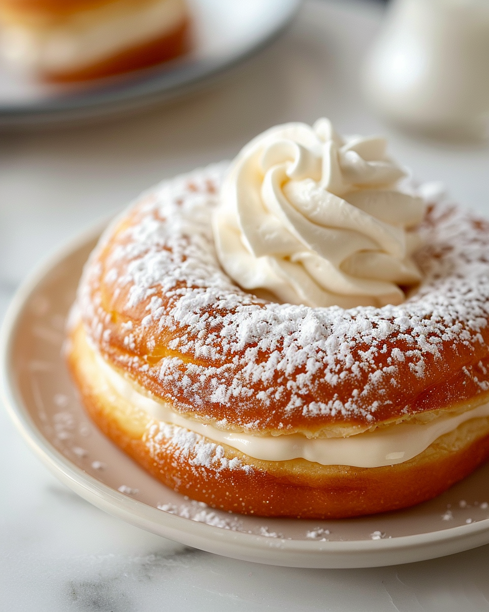 A pristine white oval ceramic serving tray artistically arranged with a generous bunch of classic cream-filled doughnuts, each doughnut perfectly round with a golden-brown crust dusted evenly with powdered sugar, topped with swirling dollops of smooth, luscious cream visible through the center, showcasing uniformity and indulgent texture. The tray rests elegantly on a white marble kitchen countertop bathed in soft natural daylight streaming near a window, emphasizing the doughnuts’ irresistible golden hues and delicate powdered sugar, styled in a luxurious, inviting composition that highlights freshness and gourmet quality. REALISTIC STYLE IMAGE| TAGS: High-end food photography, clean composition, dramatic lighting, luxurious, elegant, mouth-watering, indulgent, gourmet | CAMERA: Nikon Z7 | FOCAL LENGTH: 50mm | SHOT TYPE: Close-up | COMPOSITION: 3/4 angle | LIGHTING: Soft directional light | PRODUCTION: Food Stylist | TIME: Daytime I LOCATION TYPE: Kitchen near windows --stylize 150 --ar 4:5
