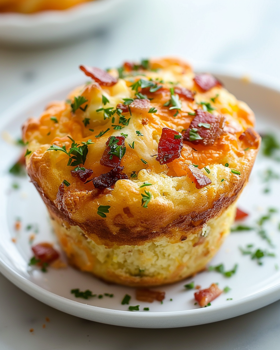 Irresistibly Delicious Sourdough Discard Bacon And Cheddar Muffins Recipe 6 A white oval large ceramic serving tray filled with a full batch of golden-brown savory muffins topped generously with melted cheddar cheese and crisp bacon bits, garnished with fresh parsley, arranged neatly on the tray to showcase their fluffy, textured tops, set on a pristine white marble kitchen counter with soft natural light highlighting the rich colors and inviting textures, professional food styling making the muffins look fresh and indulgent, captured from a 3/4 angle to emphasize their appetizing presence. REALISTIC STYLE IMAGE| TAGS: High-end food photography, clean composition, dramatic lighting, luxurious, elegant, mouth-watering, indulgent, gourmet | CAMERA: Nikon Z7 | FOCAL LENGTH: 50mm | SHOT TYPE: Close-up | COMPOSITION: 3/4 angle | LIGHTING: Soft directional light | PRODUCTION: Food Stylist | TIME: Daytime I LOCATION TYPE: Kitchen near windows --stylize 150 --ar 4:5
