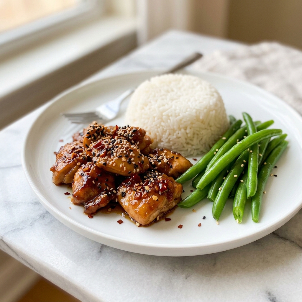 Healthy Sesame Chicken Recipe 6 Large white serving bowl filled with an ample portion of glossy sesame chicken pieces coated in rich, dark teriyaki sauce, neatly accompanied by a generous serving of fluffy white rice and vibrant steamed green beans sprinkled with toasted sesame seeds, arranged to showcase the full dish from a 3/4 angle on a white marble background, natural lighting emphasizing the shiny glaze and vibrant colors, professional food magazine hero shot photo taken with an iphone --ar 4:5 --v 7